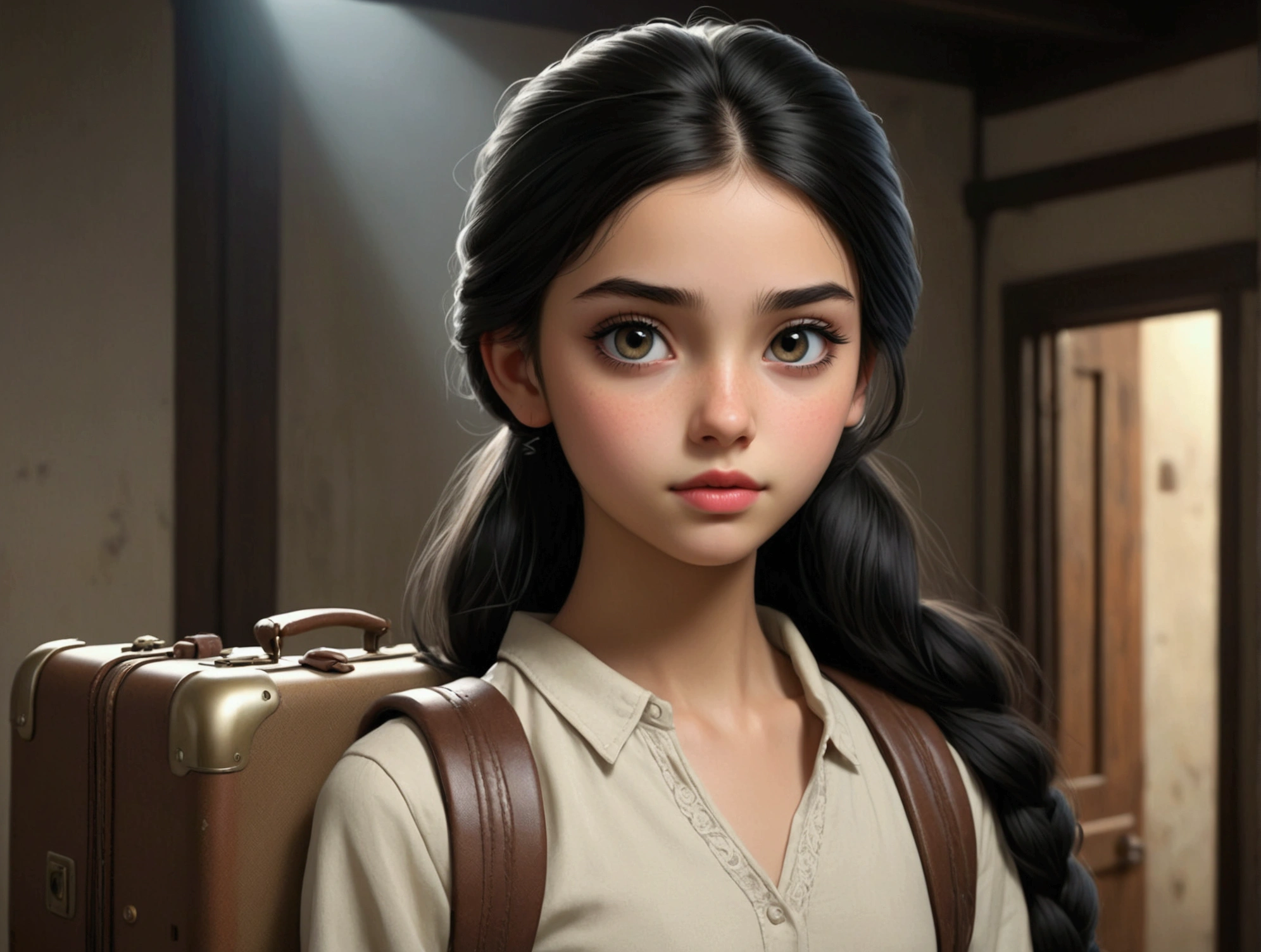 a 14 year old girl, beautiful, long black hair, slim, hair tied up, carrying a suitcase, standing in front of a small, dark room, detailed face, beautiful detailed eyes, beautiful detailed lips, extremely detailed eyes and face, long eyelashes, high quality, 4k, 8k, highres, masterpiece:1.2, ultra-detailed, realistic, photorealistic, photo-realistic:1.37, portrait