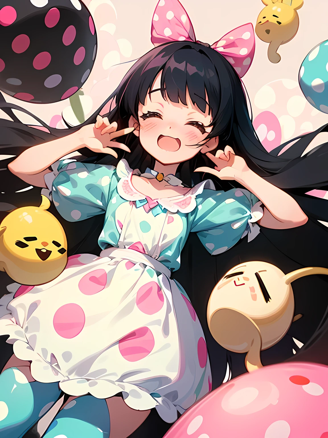 dutch angle,(black Alice in Wonderland),((straight pure black thin long hair:1.2)),(very short black hair sideburns),(blunt bangs),(A vibrant and lively background:1.2),(Pop and cute polka dot pattern:1.45)),((You are the main character!:1.2)),(Beautiful images:1.15),(high quality:1.15),((Perfect graphics:1.15)),Big smile,(blush、Embarrassed laugh:1.25),(white、pink、cream、black、yellow,mint)