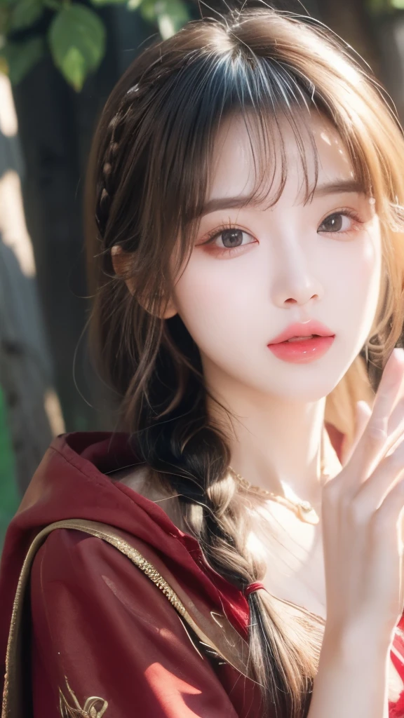 (Best quality details)、Realist、8K Ultra HD、high resolution、(1 Girl)、((Anxious expression))、Ultra detailed、Intricate details、High quality shadows、Beautiful face with delicate details、Beautiful eyes with exquisite details、20s、(The most beautiful smile)、Beautiful Korean girl、(Korean Urzan Face)、(ulzzang-6500-v1.1:0.6)、Pure face_v1、Glowing eyes、Perfect body、()、 ((View viewr))、((Open your arms))、(White hair color)、Teak、Glossy lips、Natural color reproduction, ((glare))、(Necklace)、((Brown eyes))、((Beautiful fingers))、(White hair), (Double braid)、(八字Bangs)、(Bangs)、 Shiny hair、Describe beautiful and delicate hair、(Glowing skin)、(little Red Riding Hood)、(Red Cape)、((Under the Hood))、(a red skirt)、(Corsets)、(Forest at night)、((wind))、