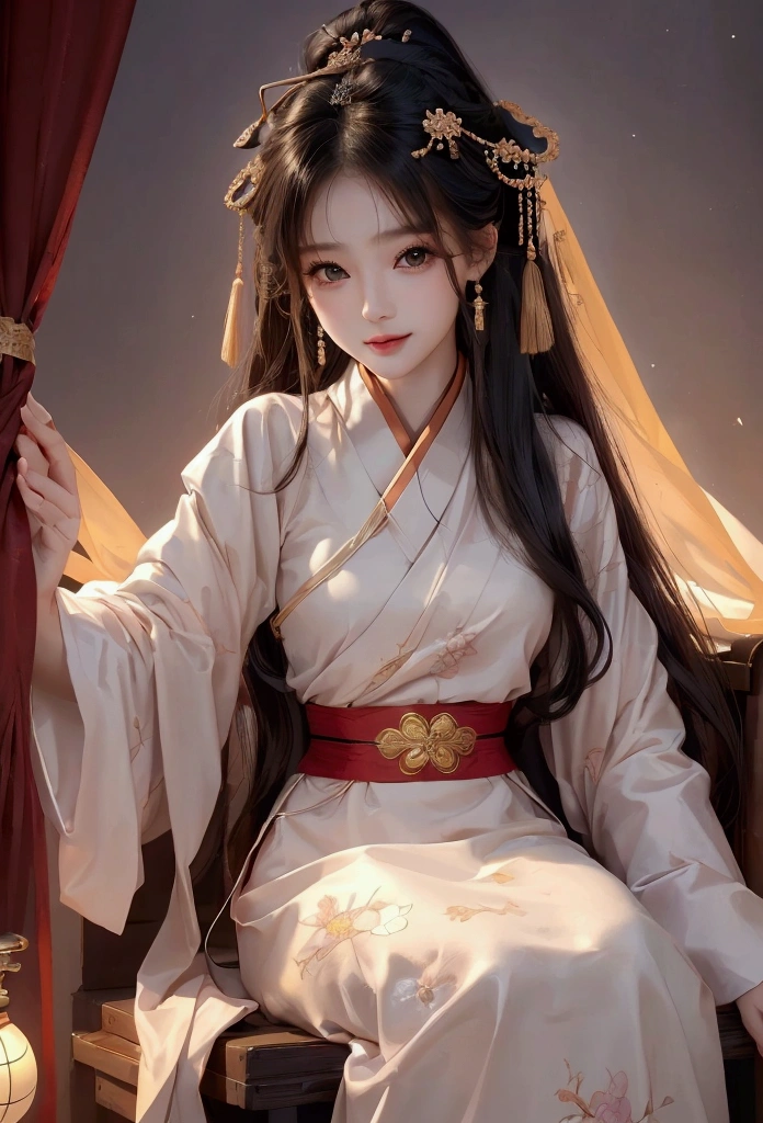 Best image quality、8k、masterpiece:1.3))、Realistic high-quality photos、Highest quality、 Beautiful face、Photos of slim models、Beautiful girl model、Young and pretty face、Beautiful model girl、A lovely and delicate face、Black Hair、Beautiful brown eyes、Young Body、Hanfu, (emphasize)、from the front、Camera gaze,、Anatomically correct、胸の谷間をemphasize、whole body、13-year-old female model、smile、Japanese women