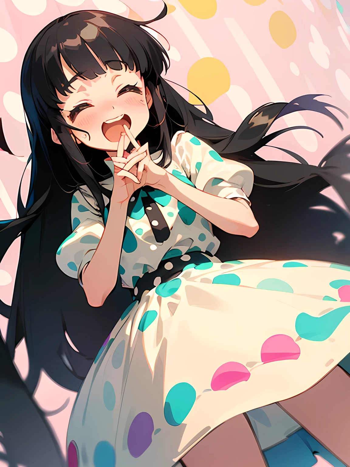 dutch angle,(black Alice in Wonderland),((straight pure black thin long hair:1.2)),(very short black hair sideburns),(blunt bangs),(A vibrant and lively background:1.2),(Pop and cute polka dot pattern:1.45)),((You are the main character!:1.2)),(Beautiful images:1.15),(high quality:1.15),((Perfect graphics:1.15)),Big smile,(blush、Embarrassed laugh:1.25),(white、pink、cream、black、yellow,mint)