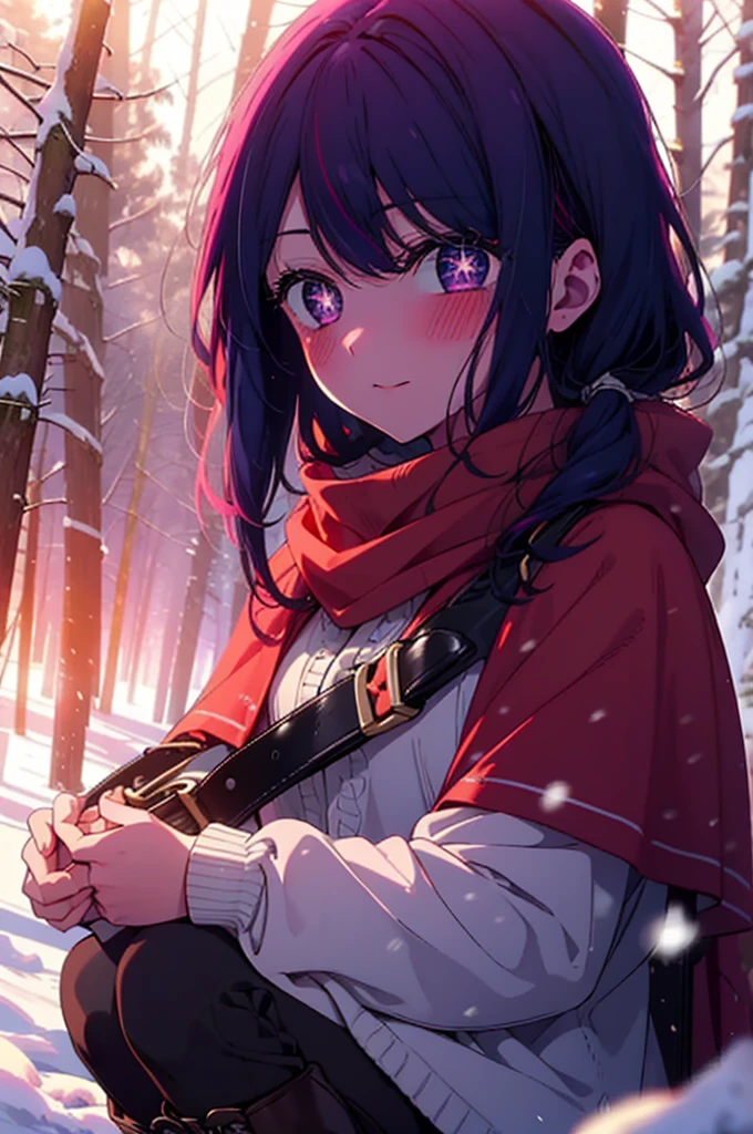 aihoshino, Ai Hoshino, Long Hair, bangs, (Purple eyes:1.1), Purple Hair, (Symbol-shaped pupil:1.5), smile,,smile,blush,white breath,
Open your mouth,snow,Ground bonfire, Outdoor, boots, snowing, From the side, wood, suitcase, Cape, Blurred, , forest, White handbag, nature,  Squat, Mouth closed, Cape, winter, Written boundary depth, Black shoes, red Cape break looking at viewer, Upper Body, whole body, break Outdoor, forest, nature, break (masterpiece:1.2), Highest quality, High resolution, unity 8k wallpaper, (shape:0.8), (Beautiful and beautiful eyes:1.6), Highly detailed face, Perfect lighting, Extremely detailed CG, (Perfect hands, Perfect Anatomy),