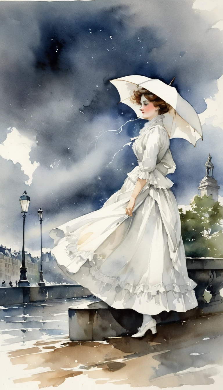 Paris , Storm scene, Edwardian woman in white, watercolor  