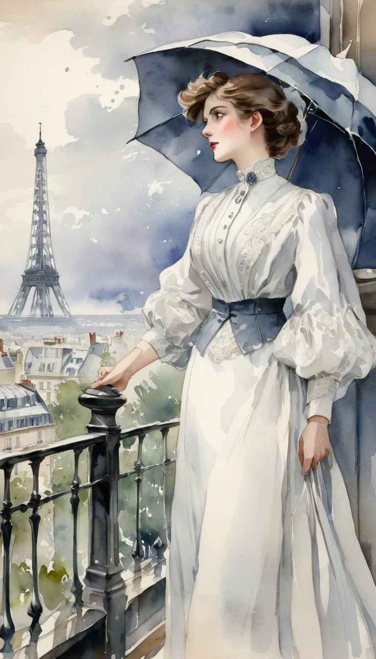Paris , Storm scene, Edwardian woman in white, watercolor