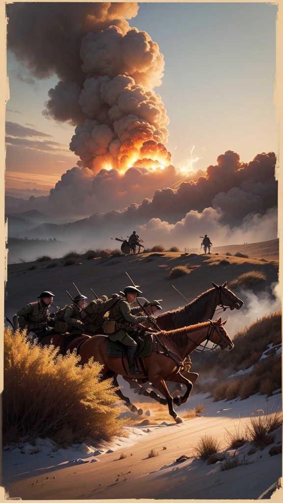 "Create a dramatic illustration of a historical war scene. Depict soldiers in period-accurate uniforms engaged in intense battle, with smoke, explosions, and chaotic movement. The setting should reflect the era, with detailed landscapes and historically accurate weaponry and equipment."
