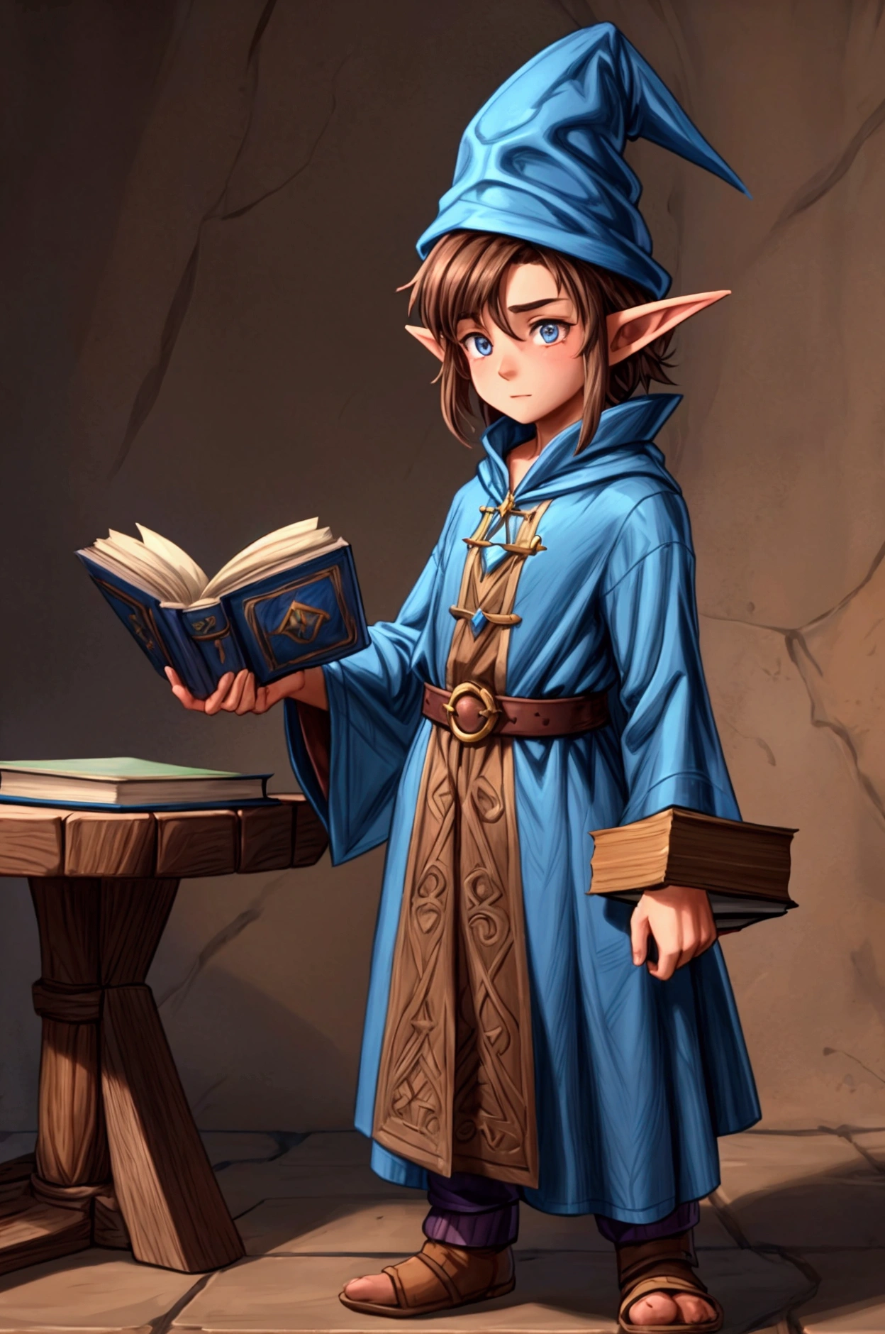 Young Gnome, Fantasy gnome, Alchemist magician, Young Sorcerer, pointy ears, sideburns, Brown hair, tousled hair, blue tunic, blue clothes, pointed hat, sorcery book, short stature, little, low, Simple details, anime, 4k