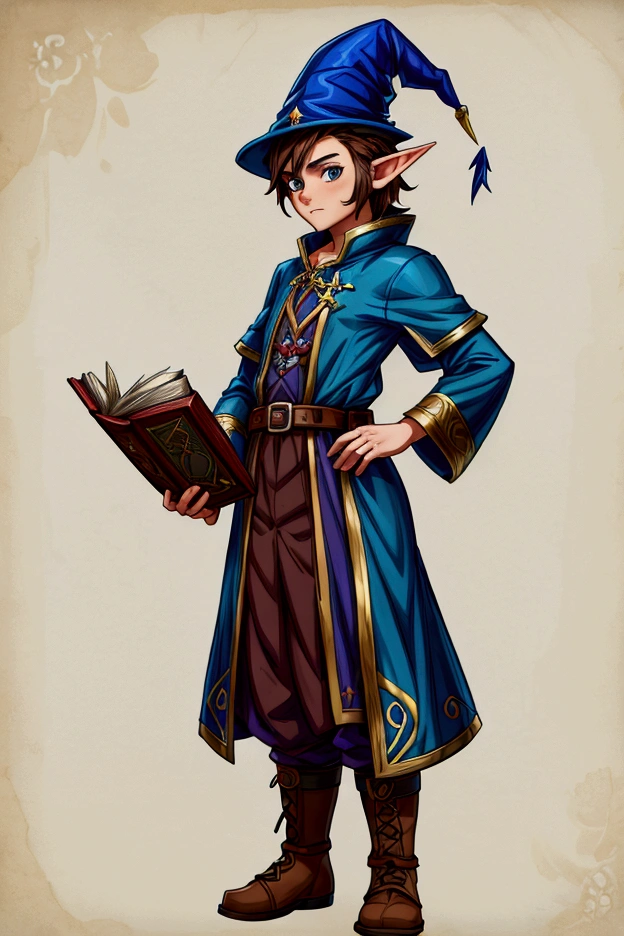 Young Gnome, Fantasy gnome, Alchemist magician, Young Sorcerer, pointy ears, sideburns, Brown hair, tousled hair, blue tunic, blue clothes, pointed hat, sorcery book, short stature, little, low, Simple details, anime, 4k