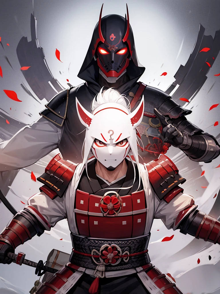 Japanese samurai wear ghost masks,without helmet, urban samurai, epic image, Era,frontal photo,Extremely meticulous,Full armor,frontal photos,relaxing,without helmet,Hair collected,black armor,broken armor,the body is not clean,to bleed,Combat Stance,On the battlefield,standing posture, surrounded cherry trees