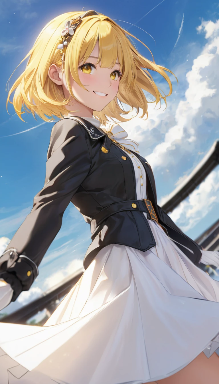((masterpiece,Highest quality)),One girl,alone, (((chisato nishikigi))), short hair, Bright yellow hair, alone, dress, Detail Eyes, View your viewers, Long sleeve, Are standing, white dress, gloves,hair ornaments, Black jacket, smile, Floating Hair, Dutch Angle, Mouth closed, avert your eyes, (Center Parks),Cloudy, blue sky, warm color,