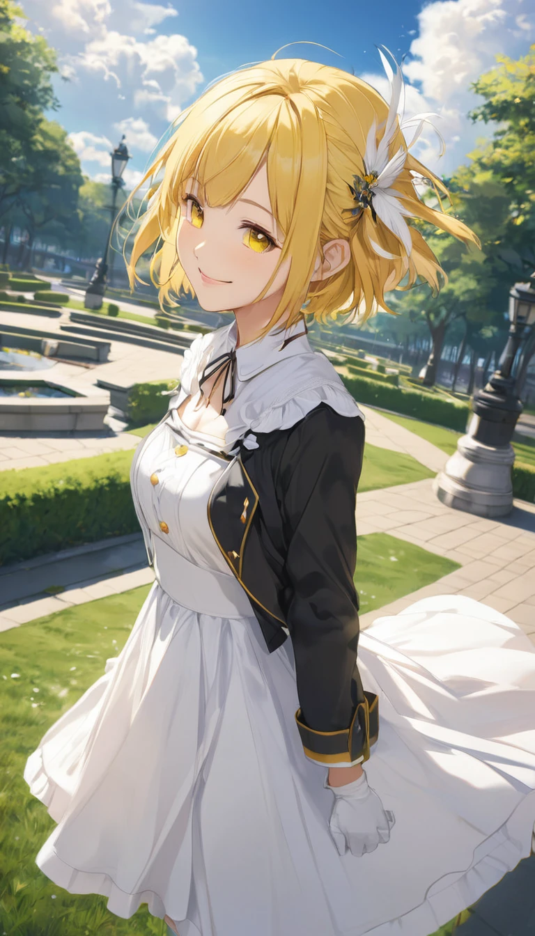 ((masterpiece,Highest quality)),One girl,alone, (((chisato nishikigi))), short hair, Bright yellow hair, alone, dress, Detail Eyes, View your viewers, Long sleeve, Are standing, white dress, gloves,hair ornaments, Black jacket, smile, Floating Hair, Dutch Angle, Mouth closed, avert your eyes, (Center Parks),Cloudy, blue sky, warm color,