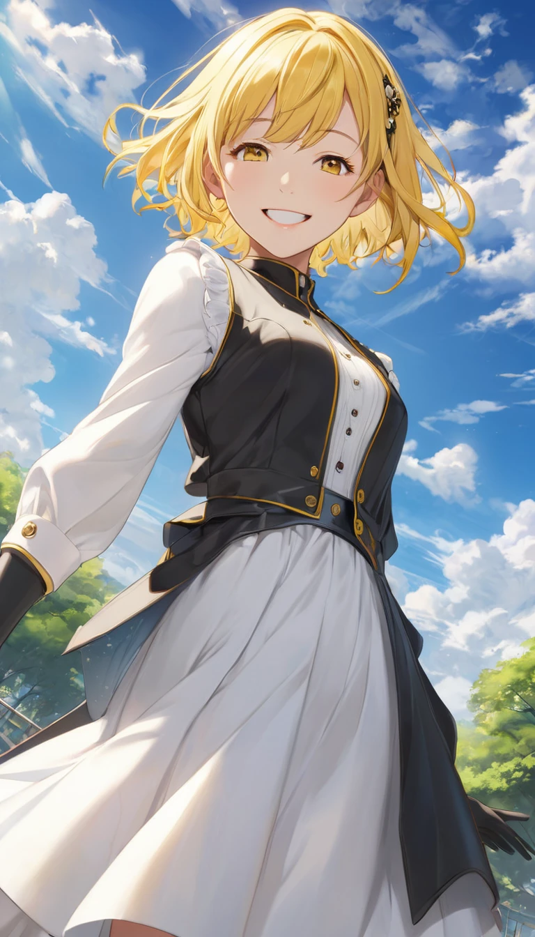 ((masterpiece,Highest quality)),One girl,alone, (((chisato nishikigi))), short hair, Bright yellow hair, alone, dress, Detail Eyes, View your viewers, Long sleeve, Are standing, white dress, gloves,hair ornaments, Black jacket, smile, Floating Hair, Dutch Angle, Mouth closed, avert your eyes, (Center Parks),Cloudy, blue sky, warm color,
