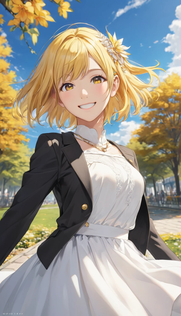 ((masterpiece,Highest quality)),One girl,alone, (((chisato nishikigi))), short hair, Bright yellow hair, alone, dress, Detail Eyes, View your viewers, Long sleeve, Are standing, white dress, gloves,hair ornaments, Black jacket, smile, Floating Hair, Dutch Angle, Mouth closed, avert your eyes, (Center Parks),Cloudy, blue sky, warm color,