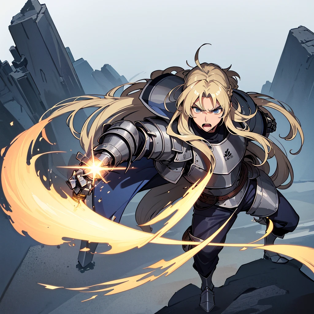 (Solo)、(Full body character concept)、Highest quality, Best Quality, Best illustrations, (((Grey Armor)))、(((Blond long hair man、Long-haired man、male、Age 25、Cool guy)))、(Medieval Knight)、(Navy blue trousers)、(get annoyed、Open your mouth)、(Living in the desert)、(White background)、Run、(Grab the sword)、(attack、Same angle、Deathblow、sparks)、Fighting stance、(From above at an angle)