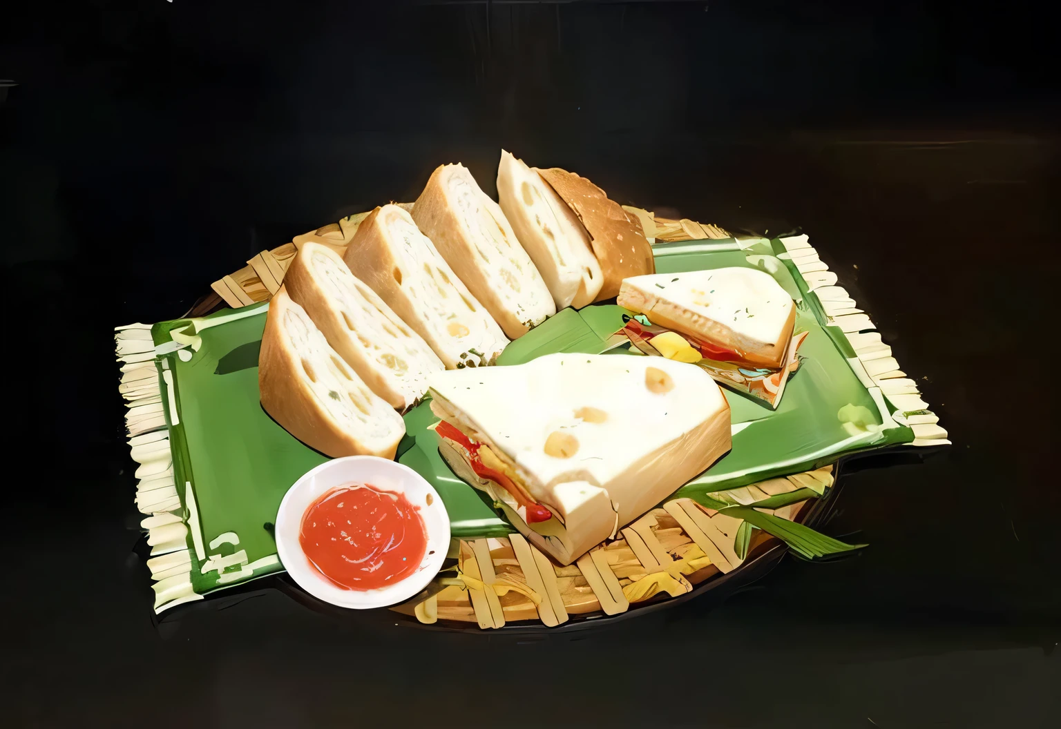 There is a sandwich and a bowl of ketchup on the plate, Sliced bread, Anime Food, Hyper-realistic food pictures, Katagiichi, Otsutsuki Momoshiki, Steamed bun, Map tofu cartoon, Toast, Object Art, Cutscenes, cover, Random background scenes, Game image, yun ling, Amazing food illustrations