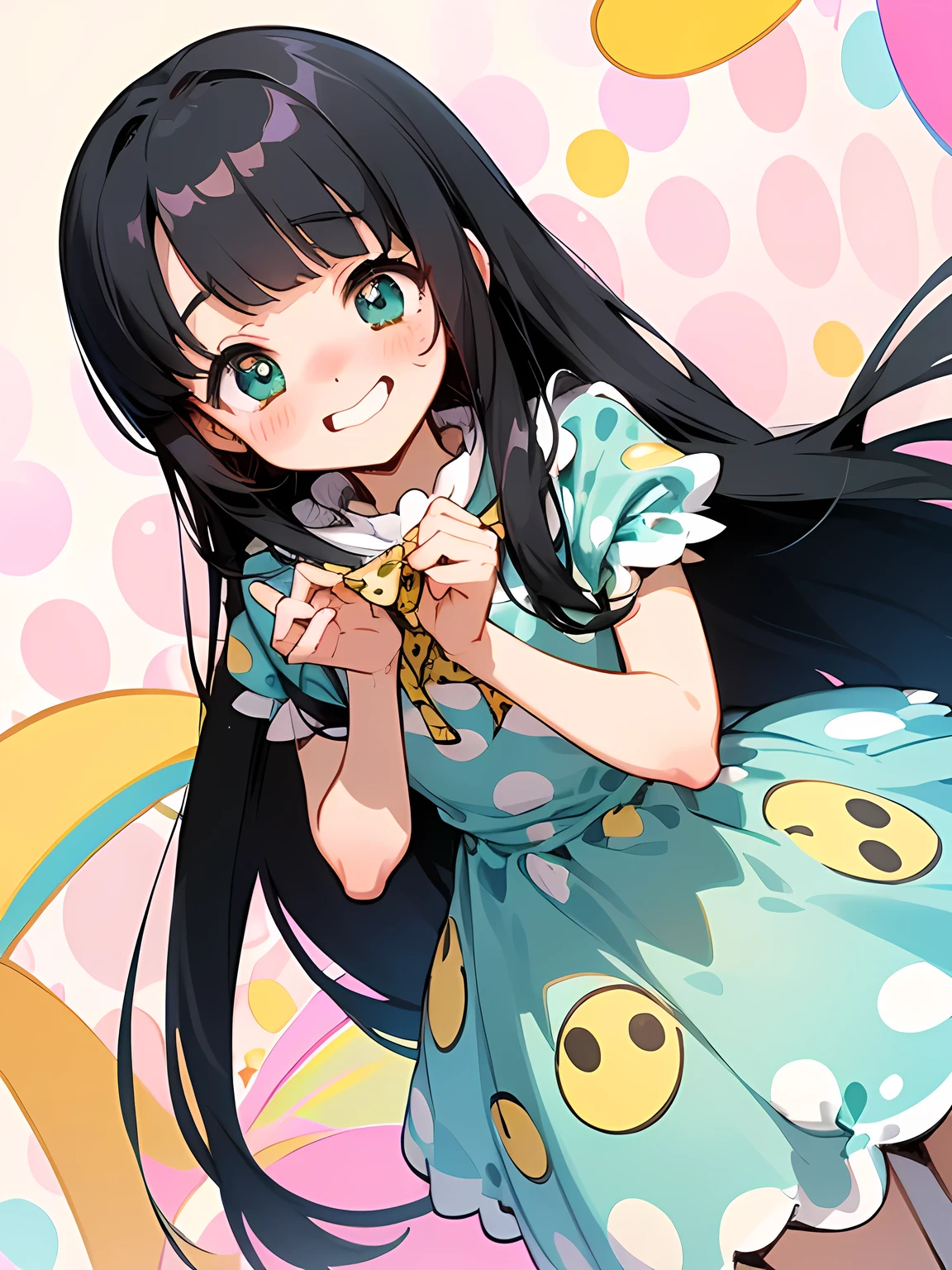 dutch angle,(black Alice in Wonderland),((straight pure black thin long hair:1.2)),(very short black hair sideburns),(blunt bangs),(A vibrant and lively background:1.2),(Pop and cute polka dot pattern:1.45)),((You are the main character!:1.2)),(Beautiful images:1.15),(high quality:1.15),((Perfect graphics:1.15)),Big smile,(blush、Embarrassed laugh:1.25),(white、pink、cream、black、yellow,mint)