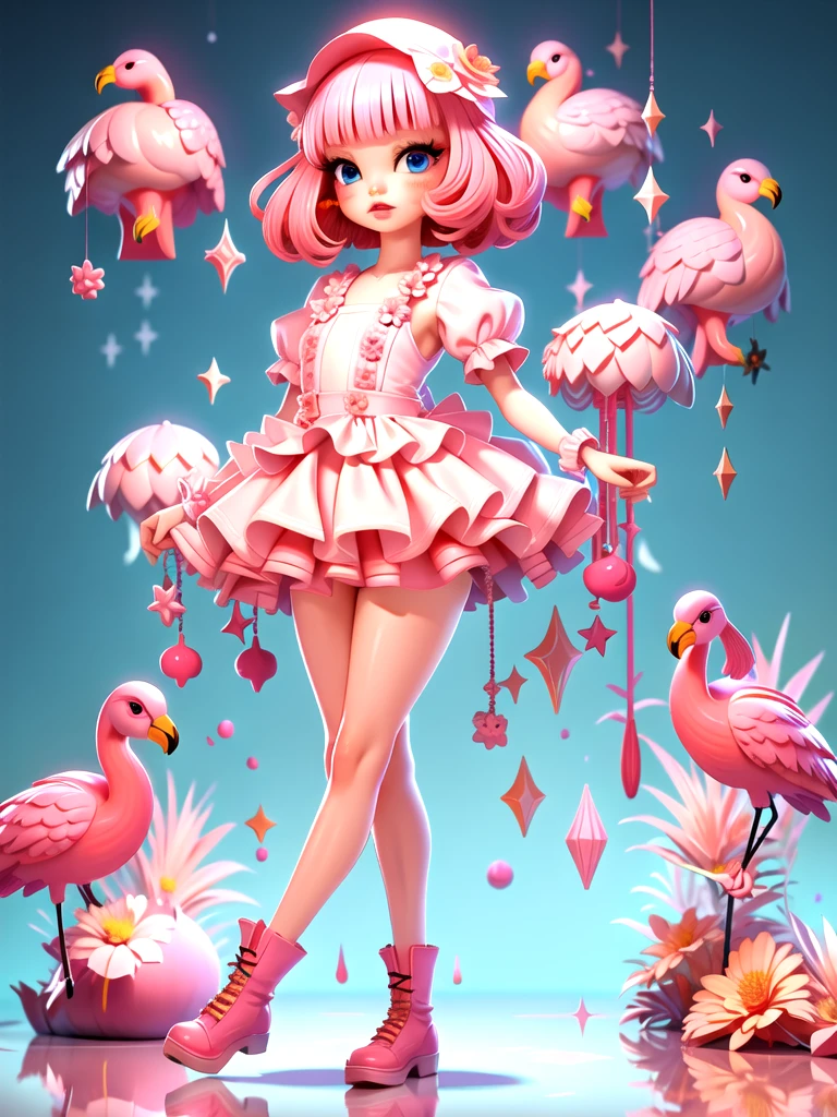LU,1girl,solo,bird,flower,standing,full body,dress,boots,lips,blunt bangs,short hair,blue eyes,bangs,short sleeves,jewelry,cross-laced footwear,sparkle,pink footwear,pink theme,hair ornament,gradient,