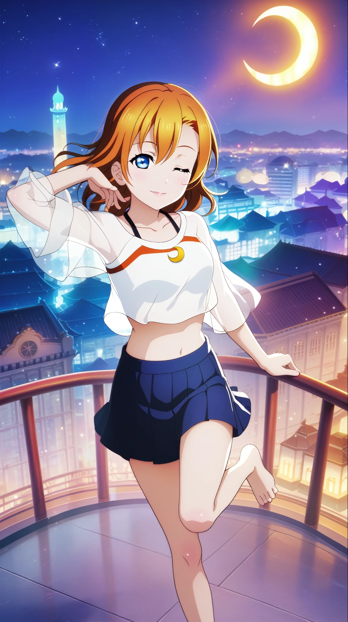 Masterpiece, anime cg, best quality,4k, background,Mosque, big crescent, bright stars in the sky, at night,Ultra detail hair, ultra detail face , blue eyes , kousaka honoka, blue eyes, orange hair, jewellery pleated skirt, crop top,thin top straps, collarbone, barefoot ,see-through Orange vail,standing on one leg,wink, shirt,city , full body, standing