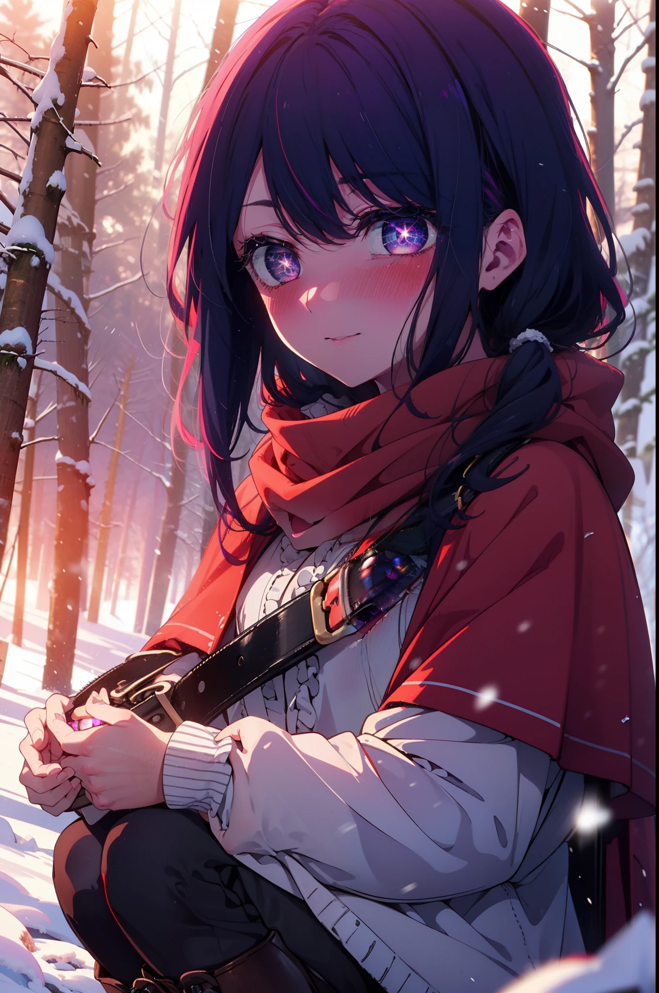 aihoshino, Ai Hoshino, Long Hair, bangs, (Purple eyes:1.1), Purple Hair, (Symbol-shaped pupil:1.5), smile,,smile,blush,white breath,
Open your mouth,snow,Ground bonfire, Outdoor, boots, snowing, From the side, wood, suitcase, Cape, Blurred, , forest, White handbag, nature,  Squat, Mouth closed, Cape, winter, Written boundary depth, Black shoes, red Cape break looking at viewer, Upper Body, whole body, break Outdoor, forest, nature, break (masterpiece:1.2), Highest quality, High resolution, unity 8k wallpaper, (shape:0.8), (Beautiful and beautiful eyes:1.6), Highly detailed face, Perfect lighting, Extremely detailed CG, (Perfect hands, Perfect Anatomy),