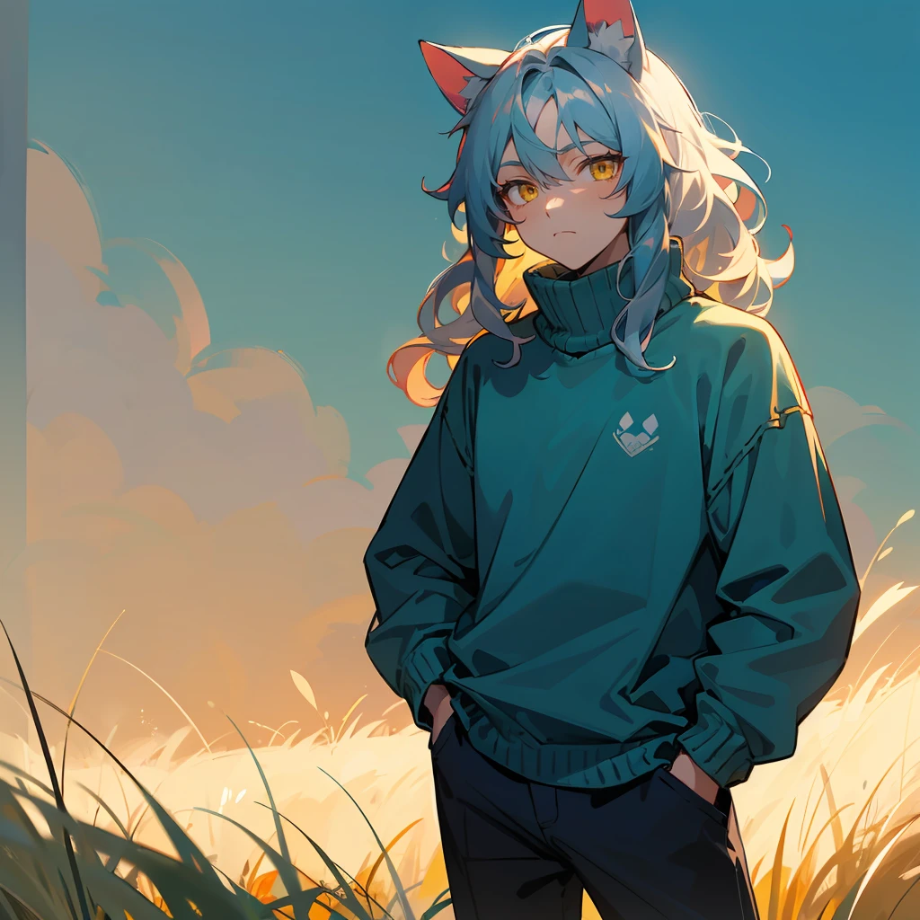 1male , Silver Hair , Wavy Hair , Teal Blue Highlighted Hair ,Yellow Eyes,  White Longsleeve Sweater , Calm Expression , Animal Ears , One Hand in Pocket , Standing on Path , Young , Sunny Grassy Hills Background 