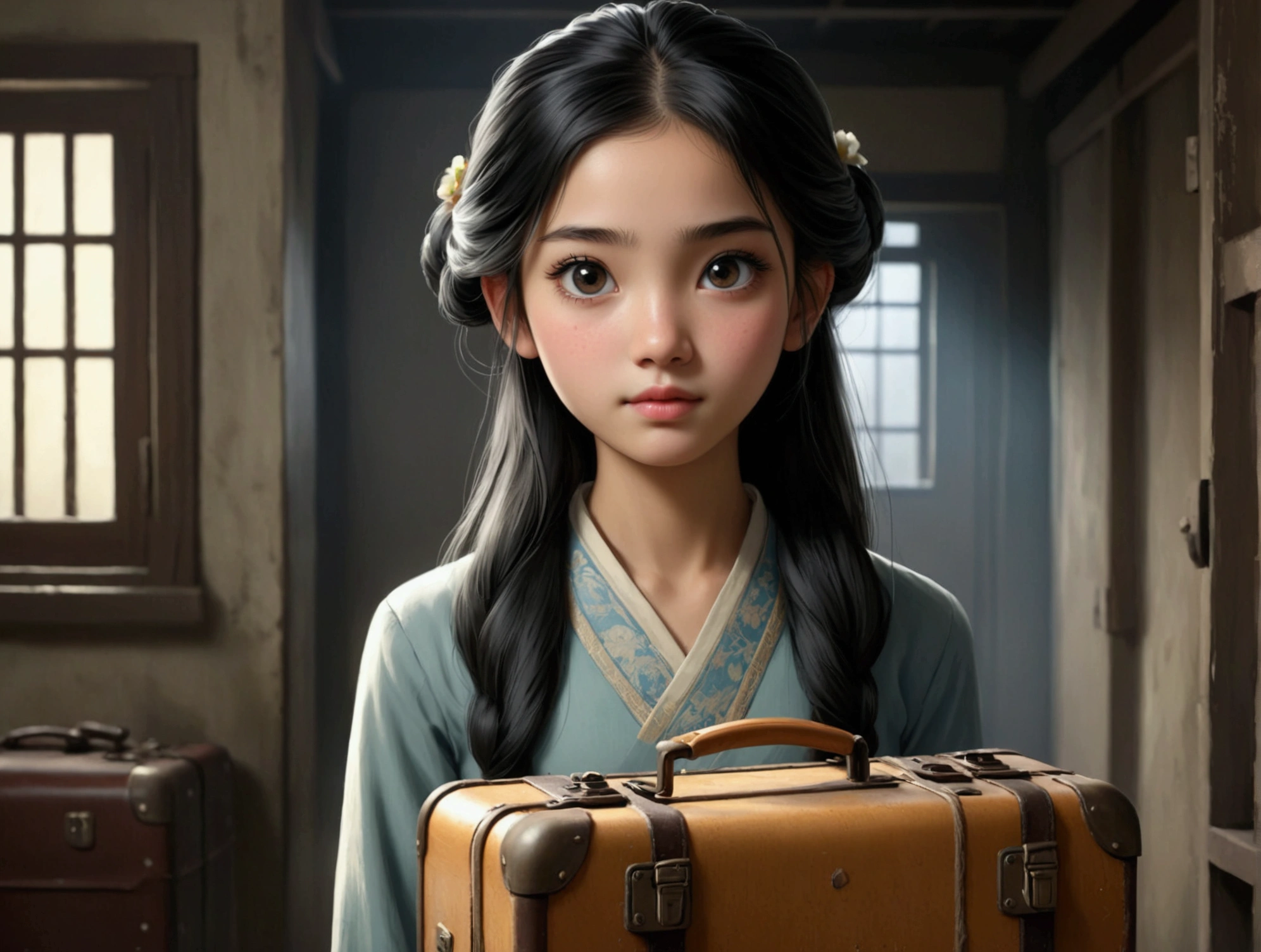 a 14 year old girl, người châu á, beautiful, long black hair, slim, hair tied up, carrying a suitcase, standing in front of a small, dark room, detailed face, beautiful detailed eyes, beautiful detailed lips, extremely detailed eyes and face, long eyelashes, high quality, 4k, 8k, highres, masterpiece:1.2, ultra-detailed, realistic, photorealistic, photo-realistic:1.37, portrait