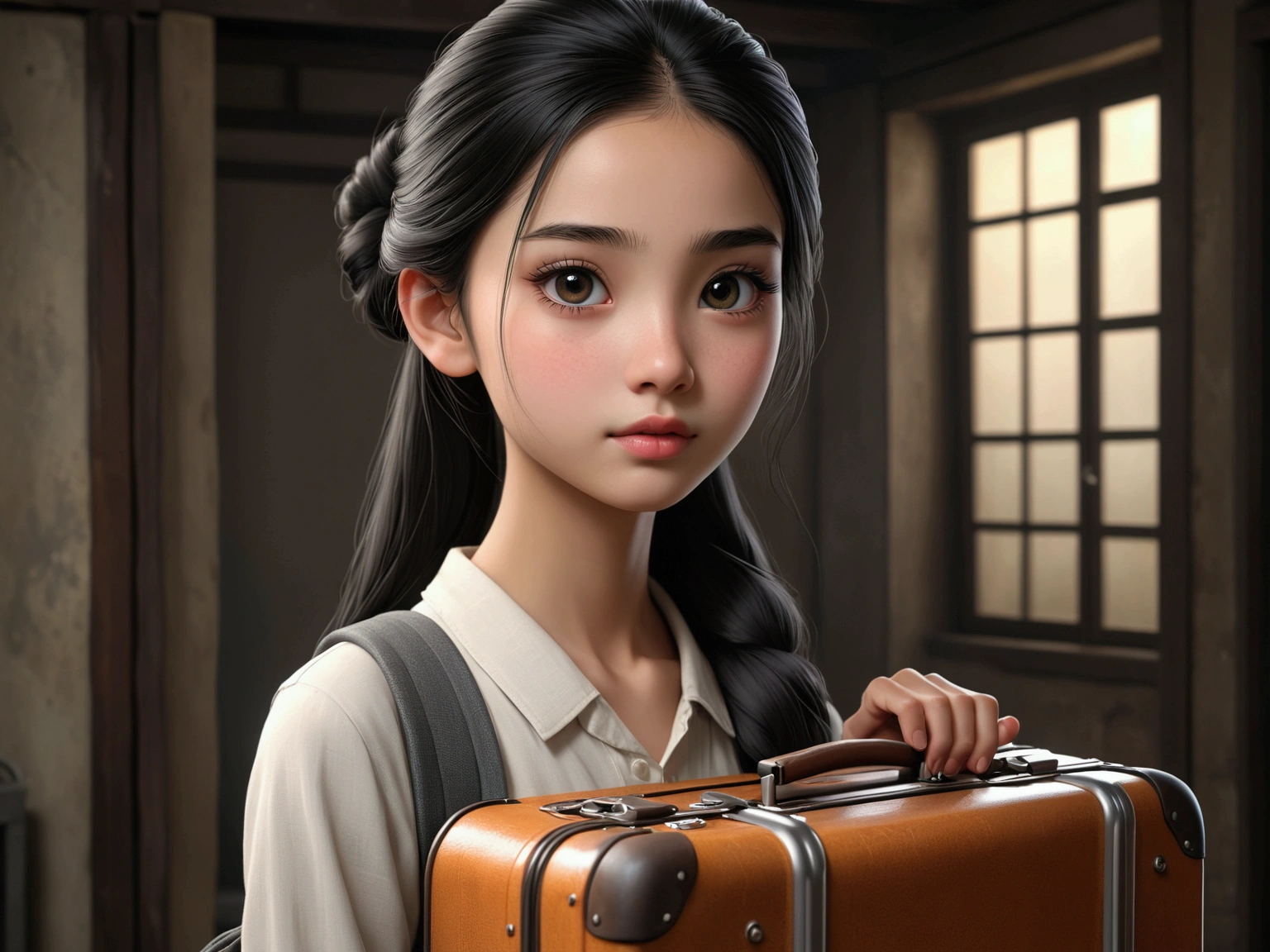 a 14 year old girl, người châu á, beautiful, long black hair, slim, hair tied up, carrying a suitcase, standing in front of a small, dark room, detailed face, beautiful detailed eyes, beautiful detailed lips, extremely detailed eyes and face, long eyelashes, high quality, 4k, 8k, highres, masterpiece:1.2, ultra-detailed, realistic, photorealistic, photo-realistic:1.37, portrait