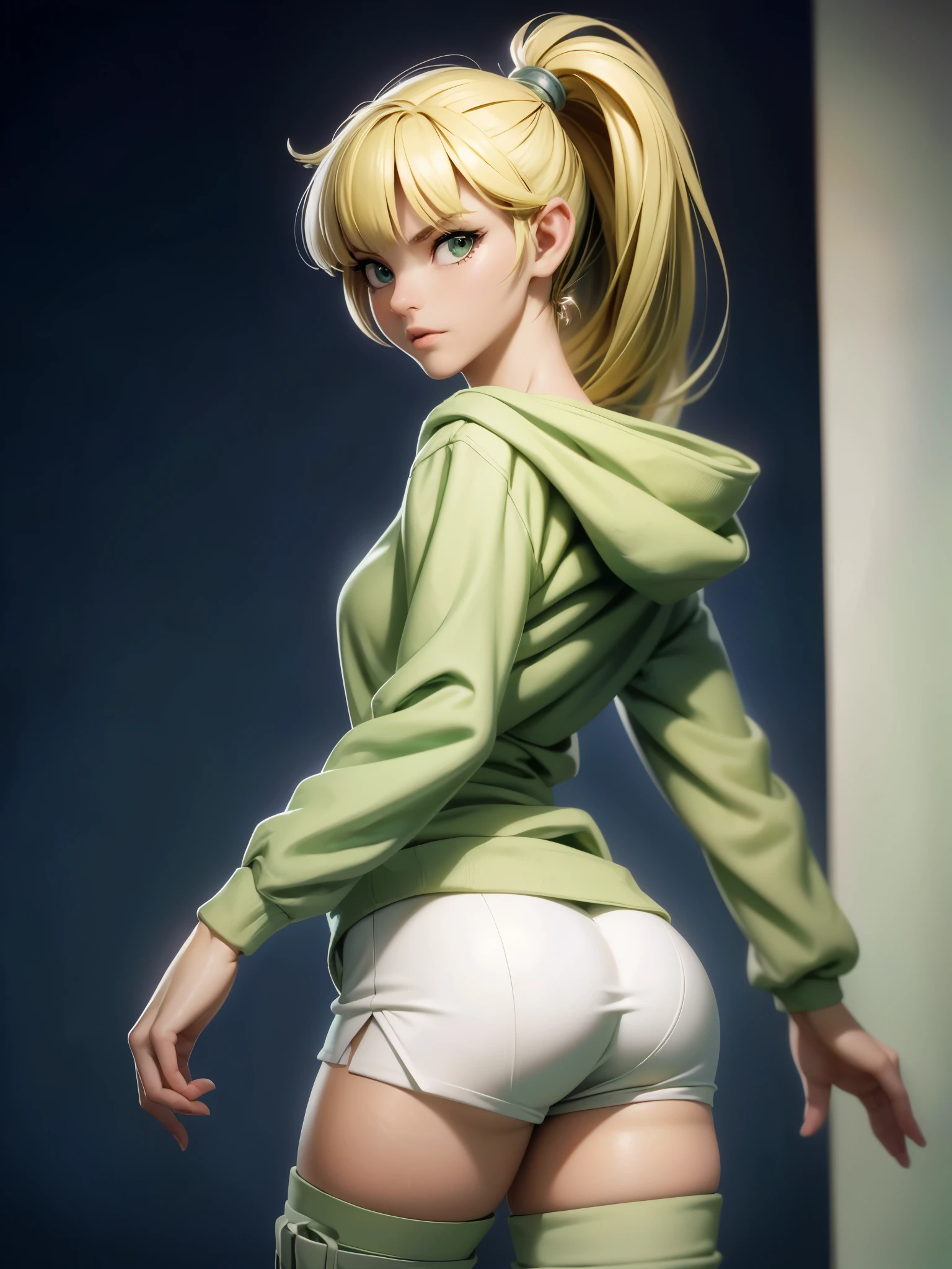 ((perfect anatomy:1.5,realistic,:1.3,RAW Photography:1.3,masterpiece、highest quality、Ultra - High resolution、High resolution、Highly detailed CG、8K)),cowboy shot,1 female,solo,20 year old beauty,(beautiful detailed face and eyes,big and gorgeous eyes),light green eyes,(blonde hair,ponytail hair,long hair,bangs),(medium breasts,slender body,small head,skinny, gleaming skin,oily skin,shiny skin)、standing position,  break  ((Oversized light green hooded sweatshirt,Length that covers the buttocks:1.3、white_thighhighicro shorts)),  break,     back alley、spray art、Tokyo、 sultry look, seductive