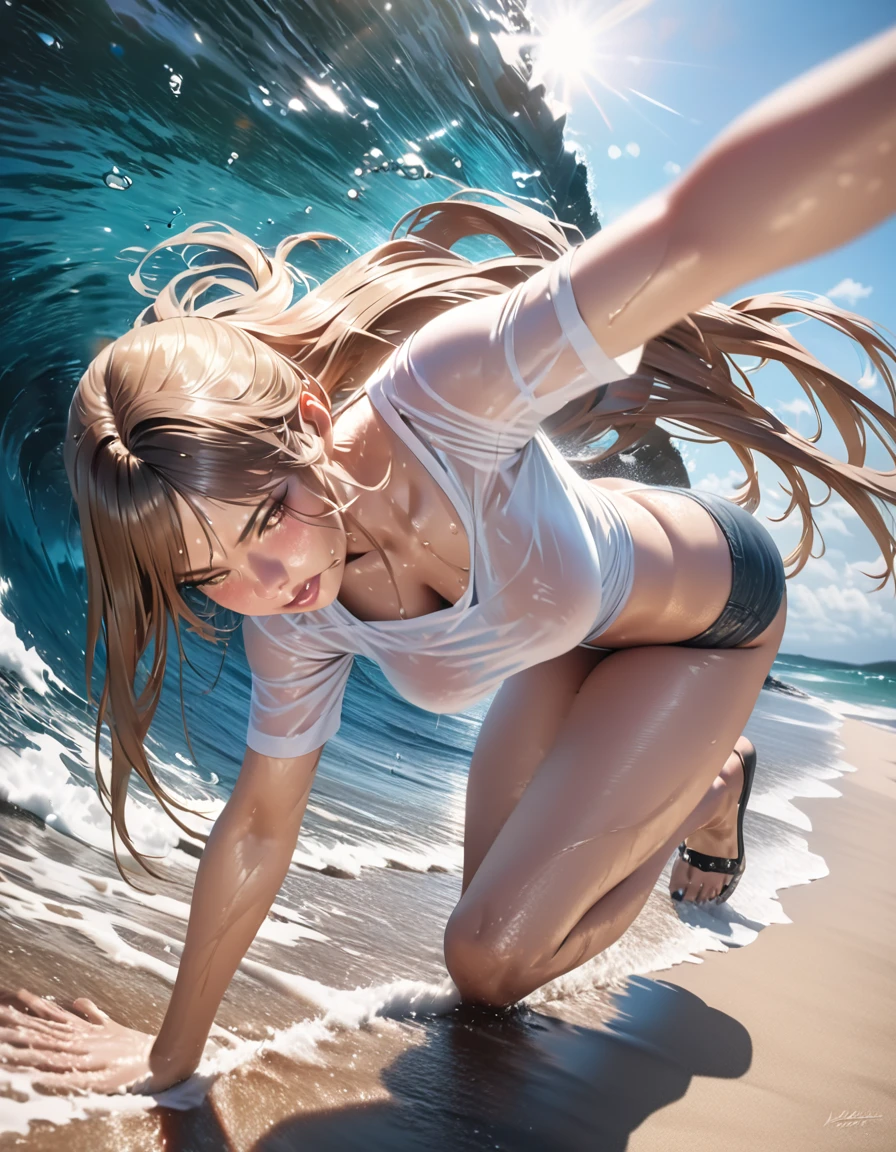 a beautiful busty russian woman, wet t-shirt, beach, surreal waves, glowing skin, dynamic pose, detailed face and features, long flowing hair, water splashing, golden sun rays, vibrant colors, cinematic lighting, photorealistic, (best quality,4k,8k,highres,masterpiece:1.2),ultra-detailed,(realistic,photorealistic,photo-realistic:1.37)