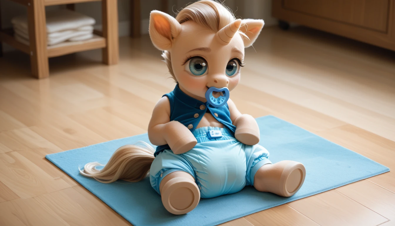 pony, light caramel unicorn, adult filly, sitting on a soft play mat, wearing a blue baby vest and blue adult size foal booties, blue pacifier in mouth, solo, cubes on the floor, thick baby blue diaper under clothes.