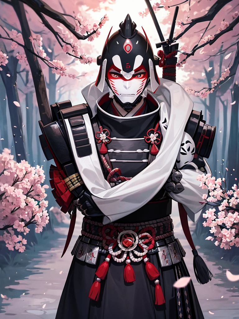 Japanese samurai wear ghost masks,without helmet, urban samurai, epic image, Era,frontal photo,Extremely meticulous,Full armor,frontal photos,relaxing,without helmet,Hair collected,black armor,broken armor,the body is not clean,to bleed,Combat Stance,On the battlefield,standing posture, surrounded cherry trees