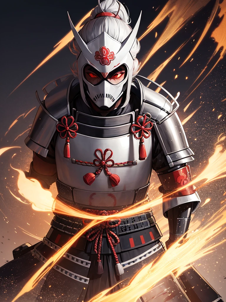 Japanese samurai wear ghost masks,without helmet, urban samurai, epic image, Era,frontal photo,Extremely meticulous,Full armor,frontal photos,relaxing,without helmet,Hair collected,black armor,broken armor,the body is not clean,to bleed,Combat Stance,On the battlefield,standing posture, surrounded cherry trees