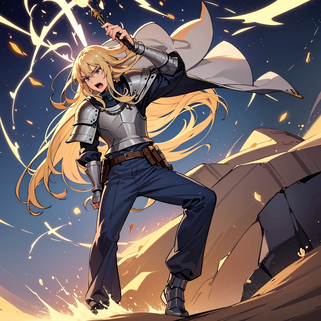 (Solo)、(Full body character concept)、Highest quality, Best Quality, Best illustrations, (((Grey Armor)))、(((Blond long hair man、Long-haired man、male、Age 25、Cool guy)))、(Medieval Knight)、(Navy blue trousers)、(get annoyed、Open your mouth)、(Living in the desert)、(White background)、Run、(Grab the sword)、(attack、Same angle、Deathblow、sparks)、Fighting stance、(Diagonally below)