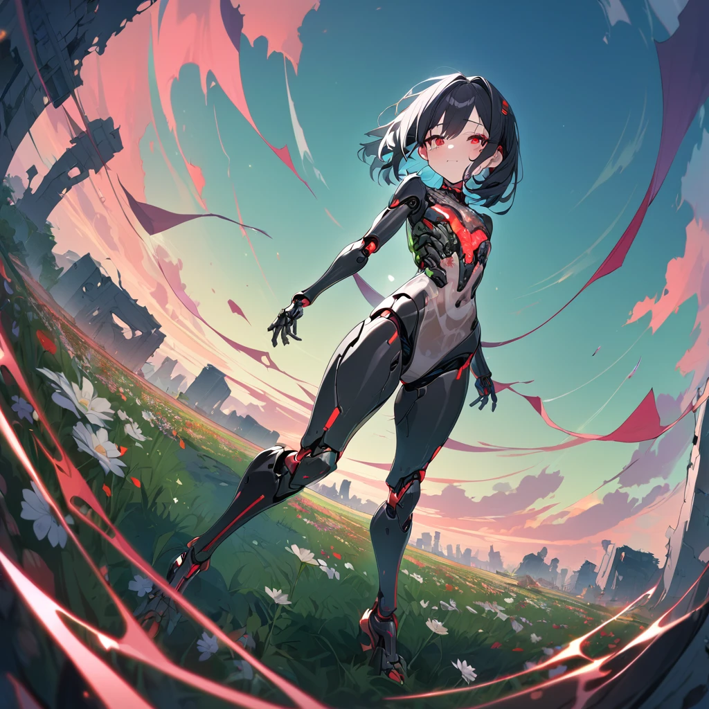 1girl, 20yo、black hair, red eyes, skeleton body, Vinyl Translucent dress、Bones visible, moss on body、robot joints:1.3、evening、red light、Ruins, flower field, high-resolution image, leotard, see-through,android, joints, robot joints, dynamic pose、fisheye lens、green sky、foot focuASTERPIECE, BEST QUALITY, HIGH QUALITY,
HIGHRES, ABSURDRES, PERFECT COMPOSITION,
INTRICATE DETAILS, ULTRA-DETAILED,
PERFECT FACE, PERFECT EYES,
NEWEST, AESTHETIC,