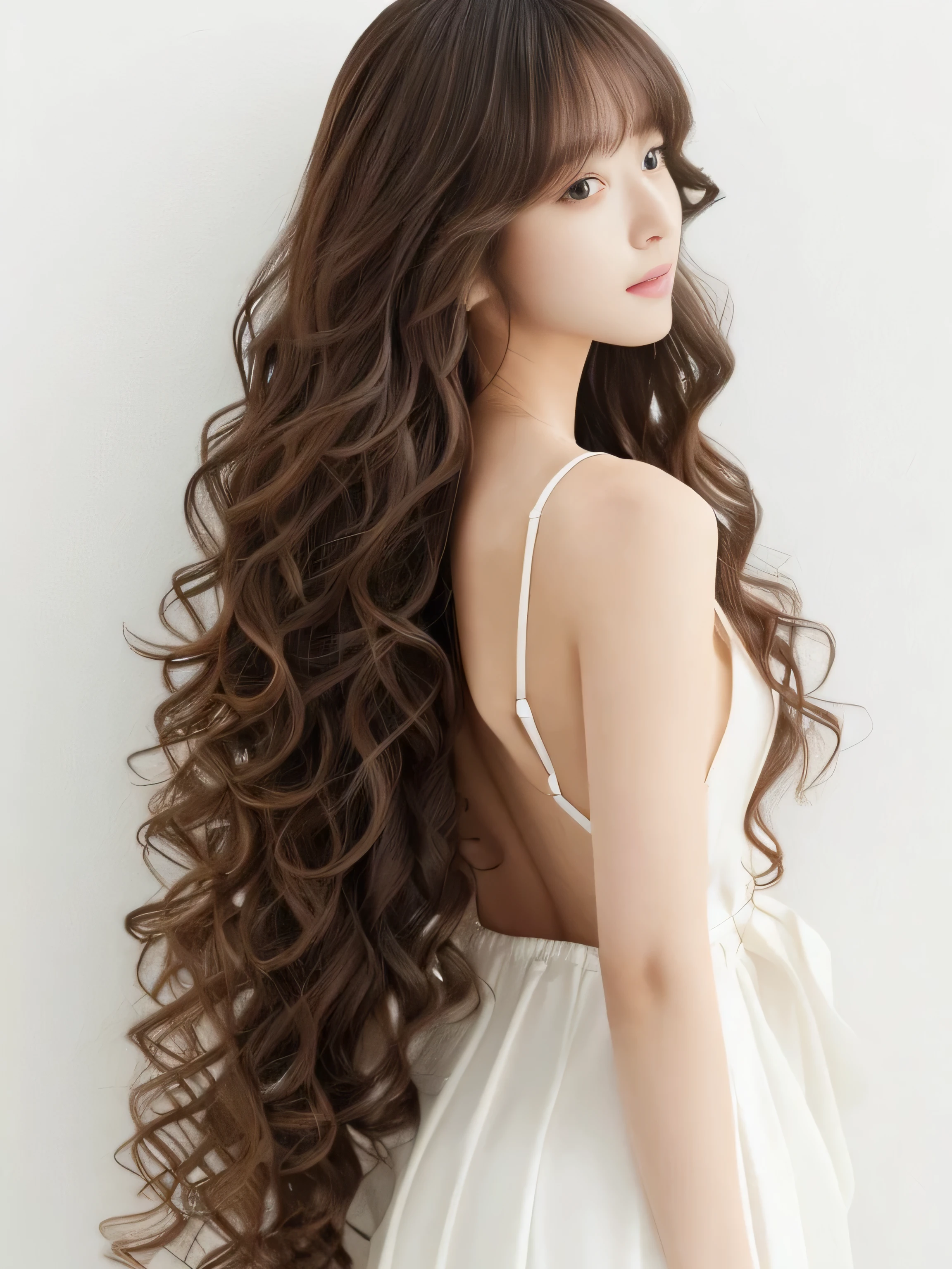 1woman ((Waist up shot:!!!)) (she is standing in front of a white wall、A perfect view of her back and hair:2.0) ((Highest quality)), ((masterpiece)), (Family Friendly), (Get used to it) (((Her hair color is the perfect light chestnut color...!!!!!))) (Her bangs are neatly trimmed、Straight down.:1.5) ((Her hair is of the highest quality and detail, beautifully shiny and heavy curly.:1.4)) (Her hair is extremely long and extremely waved. It is the highest quality and the most detailed. It reaches down to her knees. Her hair is very long, reaching down to her knees. Her hair is beautiful、Smooth as silk.、Reaches up to the knee。 Her hair is thick and shiny!!! Her hair is heavy!!! Abnormally long hair!!!!! Her hair is beautifulて輝いている!!! Her hair is extremely long and reaches down to her knees. Her hair is very long, reaching down to her knees. Her hair is beautiful、Smooth as silk.、Reaches up to the knee長い髪 Her hair is thick and shiny!!! Her hair is heavy!!! Abnormally long hair Her hair is beautifulて輝いている!!! Her hair is very long, reaching down to her knees. Her hair is very long, reaching down to her knees. Her hair is very long, reaching down to her knees. Very long hair Heavy curly hair Heavy curly hair Heavy curly hair) (She is the most beautiful 24-year-old hair model in Japan.................) Perfect woman'face (Her face shape is thinner than average:1.8) (Her eyes are larger than average:1.8 Her nose is higher than average:1.8) (She has a typical Japanese build and skin color........., Her skin is very high quality and super high resolution.、very beautiful and glowing skin) (Her face is dignified and sexy)(She achieved her sensual look with the help of a professional makeup artist.。... The lipstick is very bright red!!! Beautifully applied black eyeliner!!!) ((She is wearing a pure white silk dress..)) Perfect woman'face (She achieved her sexy look with the help of a professional makeup artist.。Lipstick is bright red!!!!! The eyeliner is black and well drawn.) ((Rich 1.4)) (Extremely detailed 8K) (Ultra-fine skin texture 1.4) (current, Vibrant:1.4), Sharp focus:1.2、Beautiful woman:1.4 Dynamic Lighting (Genuine RAW photos taken by professional photographers) (Surreal photos by professional photographers :1.2)