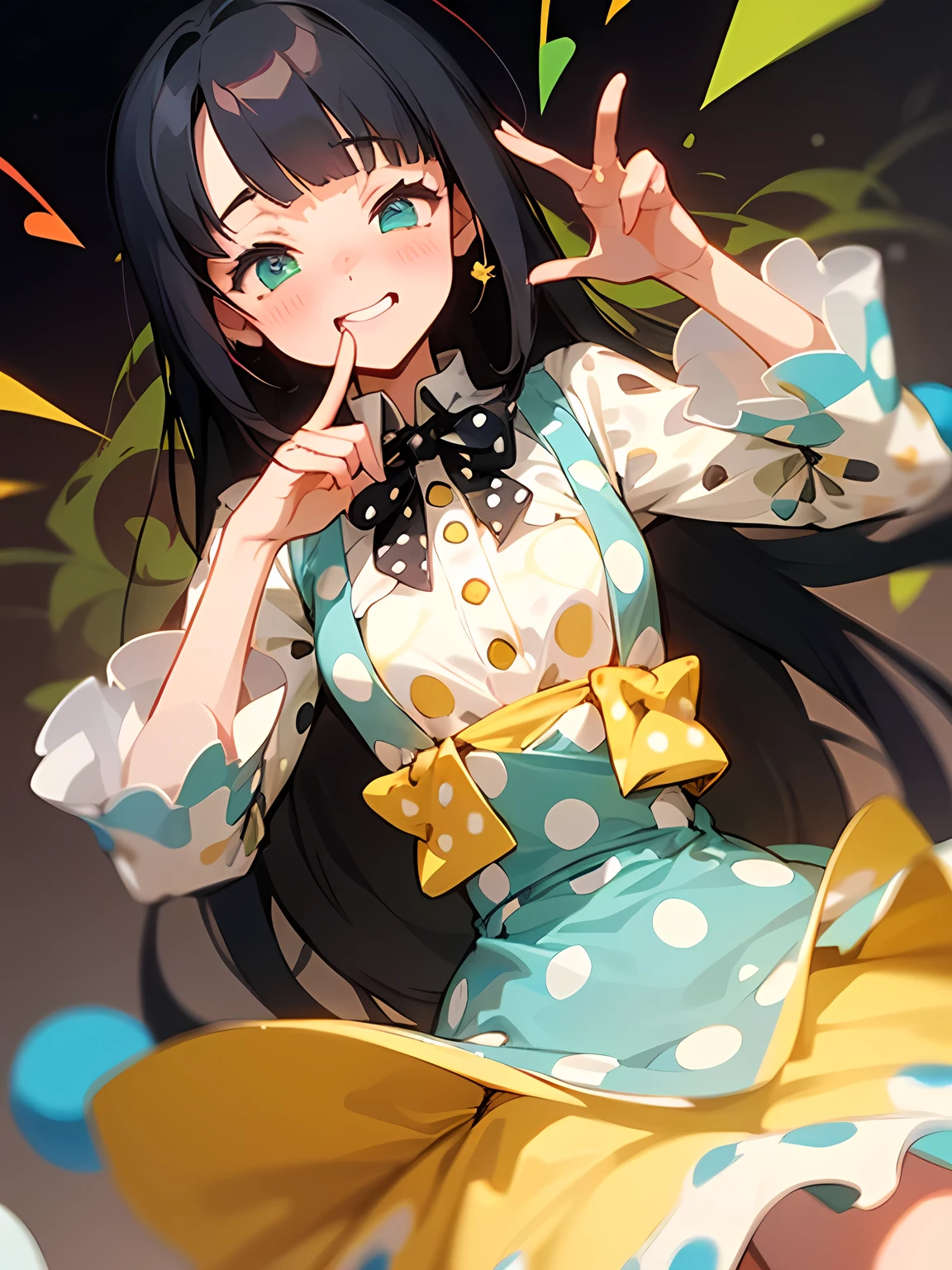 dutch angle,(black Alice in Wonderland),((straight pure black thin long hair:1.2)),(very short black hair sideburns),(blunt bangs),Enchanting chest、(A vibrant and lively background:1.2),(Pop and cute polka dot pattern:1.45)),((You are the main character！:1.2)),(Beautiful images:1.15),(high quality:1.15),((Perfect graphics:1.15)),Big smile,(blush、Embarrassed laugh:1.25),(white、pink、cream、black、yellow,mint)