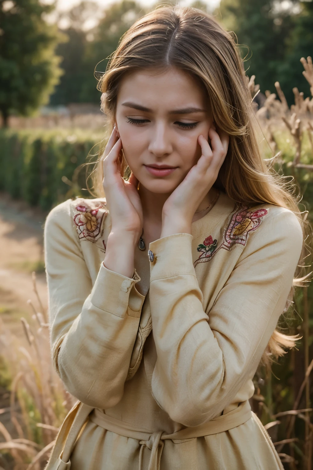 Front view, 1941 years, June, WW 2, ((A young Russian woman is so sad that she covers her face falls to her knees crying)), The setting is a rural village during a festival, with people engaging in traditional activities and celebrating their heritage, sunset, (foreshortening, highness, forehead-to-forehead, Canon, textured skin, 8k, anatomically correct, super detail, high details ,female gold hair,
