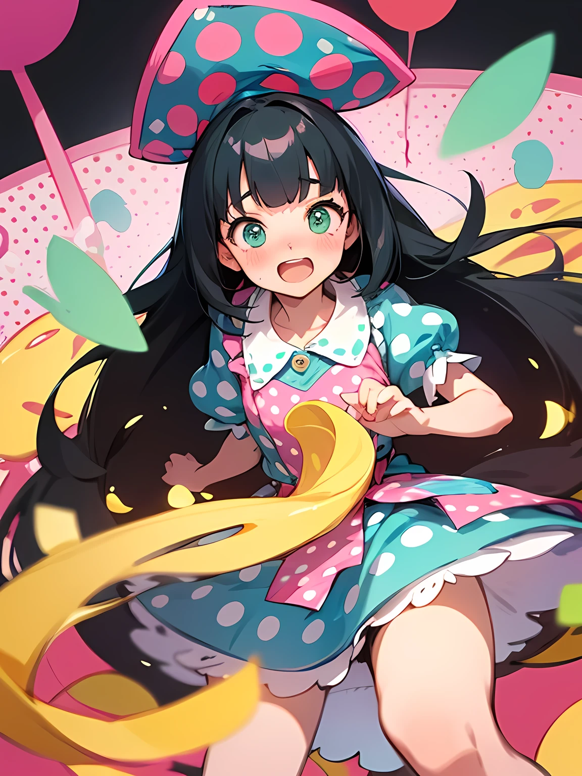 dutch angle,(black Alice in Wonderland),((straight pure black thin long hair:1.2)),(very short black hair sideburns),(blunt bangs),Enchanting chest、(A vibrant and lively background:1.2),(Pop and cute polka dot pattern:1.45)),((You are the main character!:1.2)),(Beautiful images:1.15),(high quality:1.15),((Perfect graphics:1.15)),Big smile,(blush、Embarrassed laugh:1.25),(white、pink、cream、black、yellow,mint)
