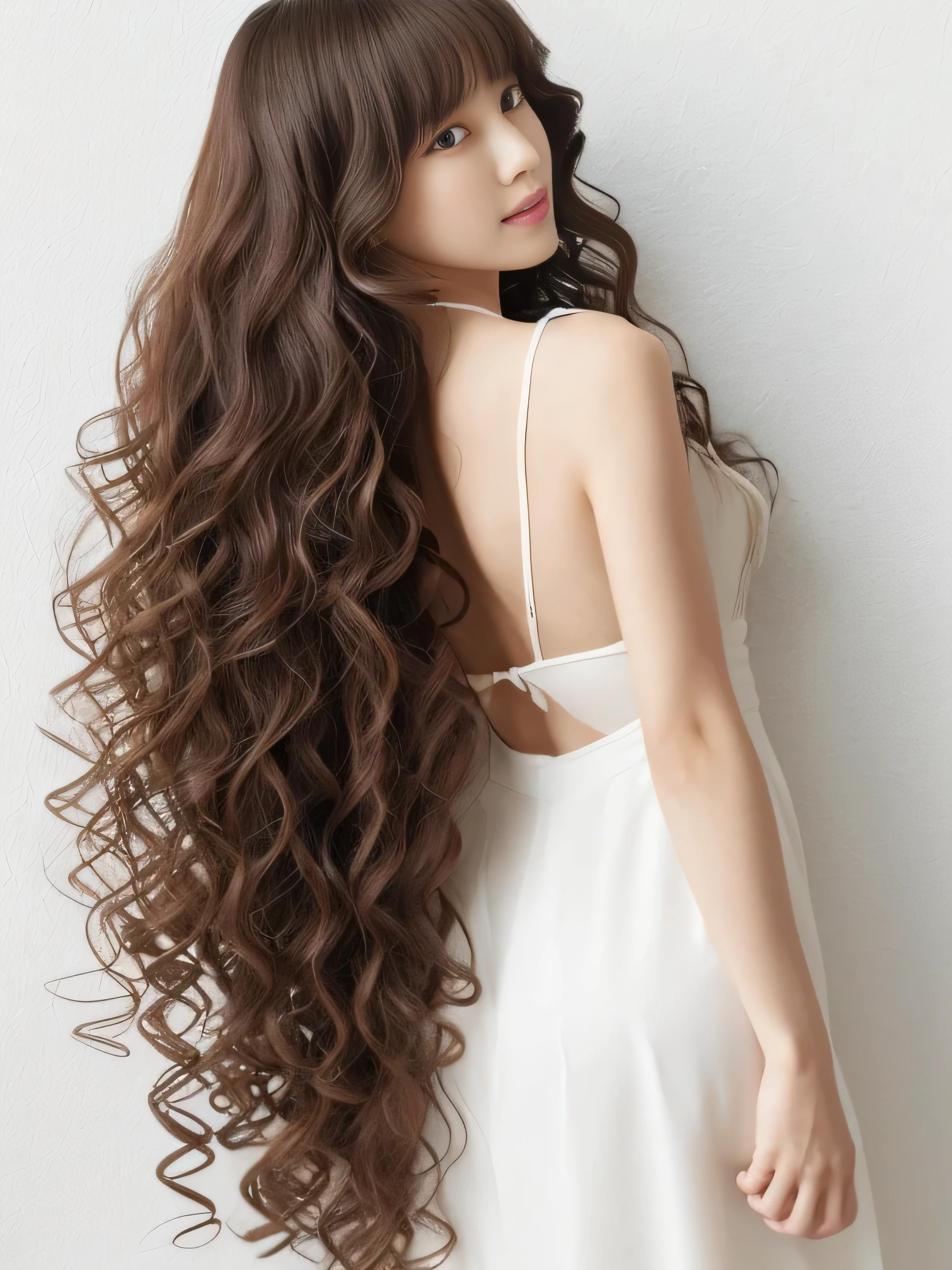 1woman ((Waist up shot:!!!)) (she is standing in front of a white wall、A perfect view of her back and hair:2.0) ((Highest quality)), ((masterpiece)), (Family Friendly), (Get used to it) (((Her hair color is the perfect light chestnut color...!!!!!))) (Her bangs are neatly trimmed、Straight down.:1.5) ((Her hair is of the highest quality and detail, beautifully shiny and heavy curly.:1.4)) (Her hair is extremely long and extremely waved. It is the highest quality and the most detailed. It reaches down to her knees. Her hair is very long, reaching down to her knees. Her hair is beautiful、Smooth as silk.、Reaches up to the knee。 Her hair is thick and shiny!!! Her hair is heavy!!! Abnormally long hair!!!!! Her hair is beautifulて輝いている!!! Her hair is extremely long and reaches down to her knees. Her hair is very long, reaching down to her knees. Her hair is beautiful、Smooth as silk.、Reaches up to the knee長い髪 Her hair is thick and shiny!!! Her hair is heavy!!! Abnormally long hair Her hair is beautifulて輝いている!!! Her hair is very long, reaching down to her knees. Her hair is very long, reaching down to her knees. Her hair is very long, reaching down to her knees. Very long hair Heavy curly hair Heavy curly hair Heavy curly hair) (She is the most beautiful 24-year-old hair model in Japan.................) Perfect woman'face (Her face shape is thinner than average:1.8) (Her eyes are larger than average:1.8 Her nose is higher than average:1.8) (She has a typical Japanese build and skin color........., Her skin is very high quality and super high resolution.、very beautiful and glowing skin) (Her face is dignified and )(She achieved her sensual look with the help a professional makeup artist.。... The lipstick is very bright red!!! Beautifully applied black eyeliner!!!) ((She is wearing a pure white silk dress..)) Perfect woman'face (She achieved her sexy loith the help of a pessional makeup artist.。Lipstick is bright red!!!!! The eyeliner is black and well drawn.) ((Rich 1.4)) (Extremely detailed 8K) (Ultra-fine skin texture 1.4) (current, Vibrant:1.4), Sharp focus:1.2、Beautiful woman:1.4 Dynamic Lighting (Genuine RAW photos taken by professional photographers) (Surreal photos by professional photographers :1.2)
