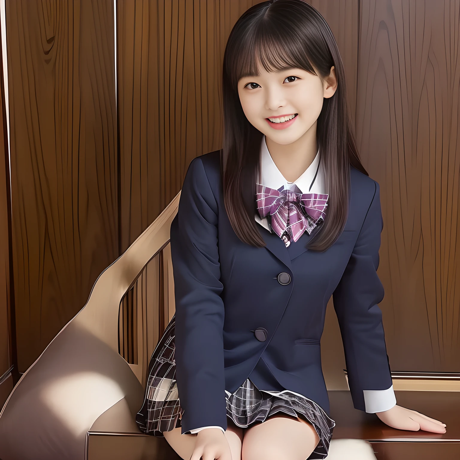 (Highest quality, masterpiece:1.2), Highest quality, High resolution, 1080P, 8k, (Paintings by Vigée Leblanc: 1.5), (A noble, graceful and intelligent Japanese young long hair magazine fashion model who have a best proportion are seated smiling at me with religious extreme beatitude, expressing her happiness to me with her religious love supreme: 1.5), (background is complete black: 1.6), (double-eyelids, brown wet large eyes with detailed beautifully: 1.4), (long cute eyelashes: 1.4), ((thin droopy eyebrows: 1.4)), (giggling and calling me to invite me to her extreme happiness opening her mouth: 1.6), (showing the tongue: 1.6), (laughing shy cheeks and lips, as if watching a comedy: 1.5), ((Very super long wavy hair is too much beautiful: 1.0)), (Navy gorgeous Japanese school blazer with noble golden emblem: 1.2), (Gorgeous dark blue tartan check blue pattern pleated skirt with beautiful white fat calves and knees: 1.4), (Gorgeous plain red gloss chest ribbon: 1.0), (Well-shaped ample fat breasts), (Tilting her head shyly), (Too beautiful women to stop falling into her, makes me crazy: 1.6), (She is in fact succubi and calling me with strong religious temptation, drops me into craziness: 1.2), showing her palm to invite me