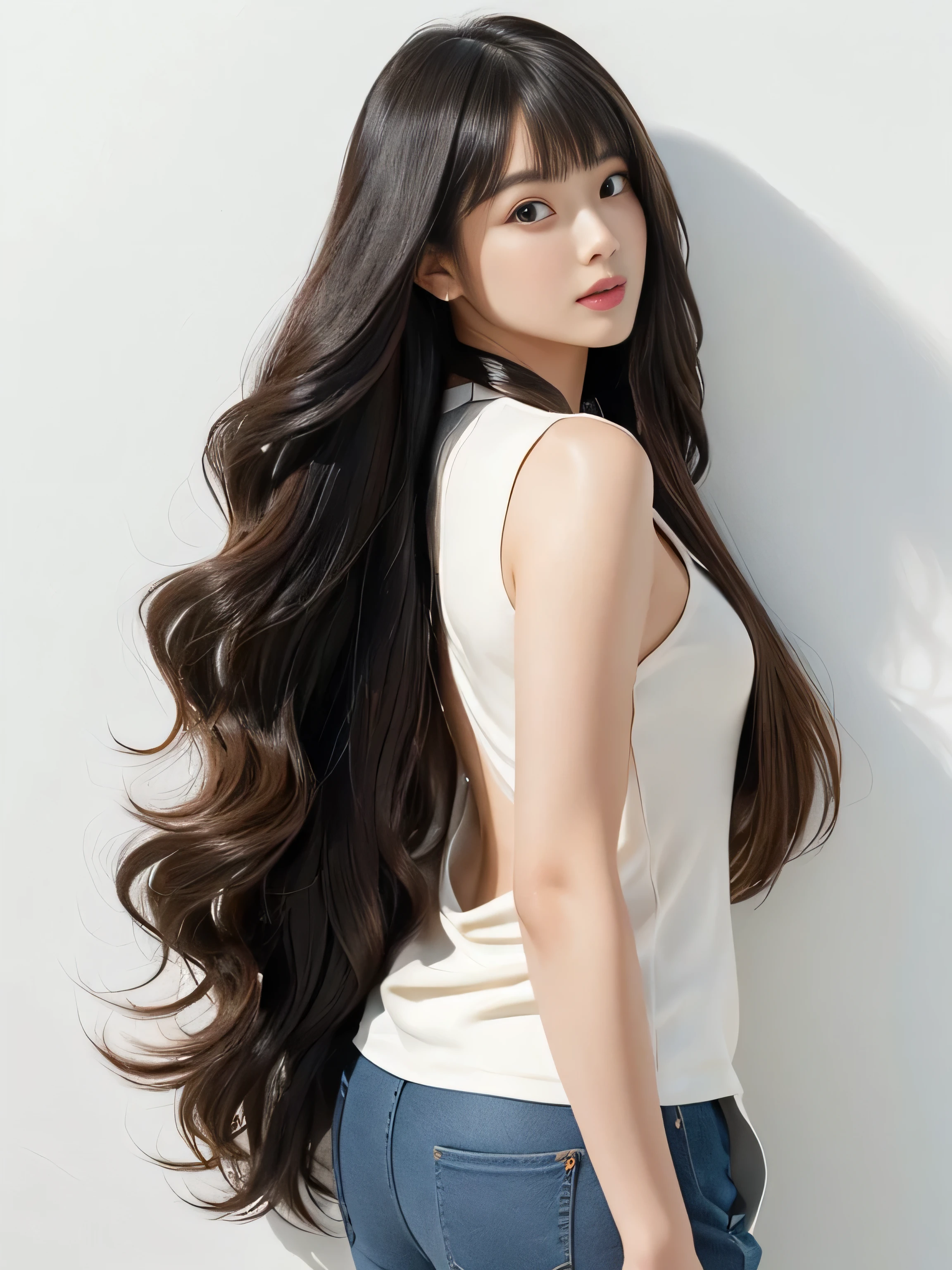 1woman ((Waist up shot:!!!)) (She is standing in front of a white wall、Random poses showing as much back and hair as possible:1.8) (She looks very confident as she looks out at the audience..:1.8) ((Highest quality)), ((masterpiece)), (Family Friendly), (Get used to it) ((Her hair is heavy and curly.:1.5)) (((Her hair color is the perfect light brown...:1.8!!))) (Her bangs are neatly trimmed、Straight down.:1.5) (Highest qualityの long hair to the ankles!!!!! Highest quality Hair quality with attention to detail long hair to the ankles!!!!!、Very long lasting hair!!!!! Flowing Hair Her hair is incredibly curly!!! Very shiny and thick hair Abnormally long hair that laStS forever!!!!! Flowing Hair on both ends!!!!! long hair to the ankles!!!!! long hair to the ankles!!!!! Thick and shiny hair Very free hair Abnormally long hair!!!!! Beautiful silky hair Beautiful and shiny hair Beautiful and shiny hair Beautiful silky hair long hair to the ankles!!!!! Very long hair!!!!! Very long hair!!!!!) (Highest quality The best ultra-fine long hair to the ankles!!!!!、Very long hair that laStS forever Flowing Hair Her hair is incredibly curly!!! Very shiny and thick hair Abnormally long hair that laStS forever!!!!! Flowing Hair on both ends long hair to the ankles!!!!! Thick and shiny hair Very free hair Abnormally long hair!!!!! Beautiful silky hair long hair to the ankles!!!!! Beautiful and shiny hair Beautiful and shiny hair Beautiful silky hair long hair to the ankles!!!!! Very very, Very long hair!!!!! Very very, Very long hair!!!!!) (She is the most beautiful 24-year-old hair model in Japan............) Perfect woman'face (Her face Shape iS thinner than average:1.8) (Her eyes are larger than average:1.8 Her nose is higher than average:1.8) (She has a typical Japanese build and skin color...., Her skin is very high quality and super high resolution.、very beautiful and glowing skin) (Her face iS dignified and Sexy)(She achieved her sexy look with the help of a professional makeup artist.。... Lipstick is bright red!!! The eyeliner is a beautiful black) (S