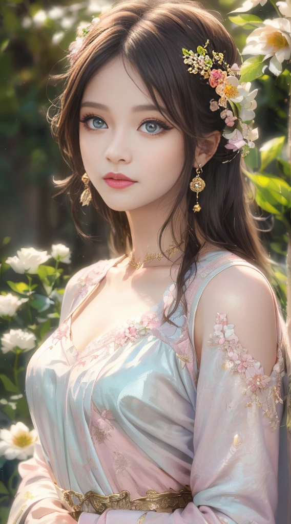 best qualtiy,tmasterpiece,hight resolution,1girll,dingdall effect,realisticlying,edge lit,two tone lighting,(highdetailskin:1.2),8K UHD,pure,Dolce,flowers background,Colorful background,Based on physical rendering,Perfect Light and Shadow,extreme hight detail,Pink tones,eye reflections,Raised sexy,perfect bodies,Superb Beauty,largeeyes,long eyelasher,Delicate eyes,big shiny eyes,Small pupil reflex,Shoulder and neck details,The texture of the pupil is delicate,Perfect eyes,black pupils,best qualtiy,tmasterpiece,16 K,a picture,head portrait,Bigchest,long-sleeve,Take care of your chest,Large breasts,Delicate avatars