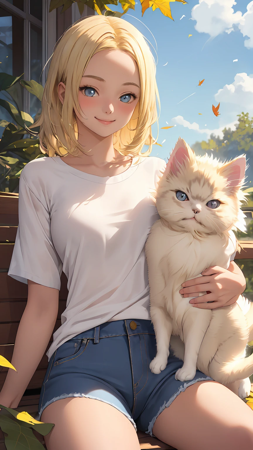 great joy (((blonde  girl))) With blue sparkling eyes, I wore shorts, No sleeve ((White top)) Blue and, Aged jeans, She looked at me lovingly with a warm smile (((Persian cat))) sat comfortably on her lap, Ultra-realistic, Birds with leaves falling in the sky, HD Ultra Gloss, 8k