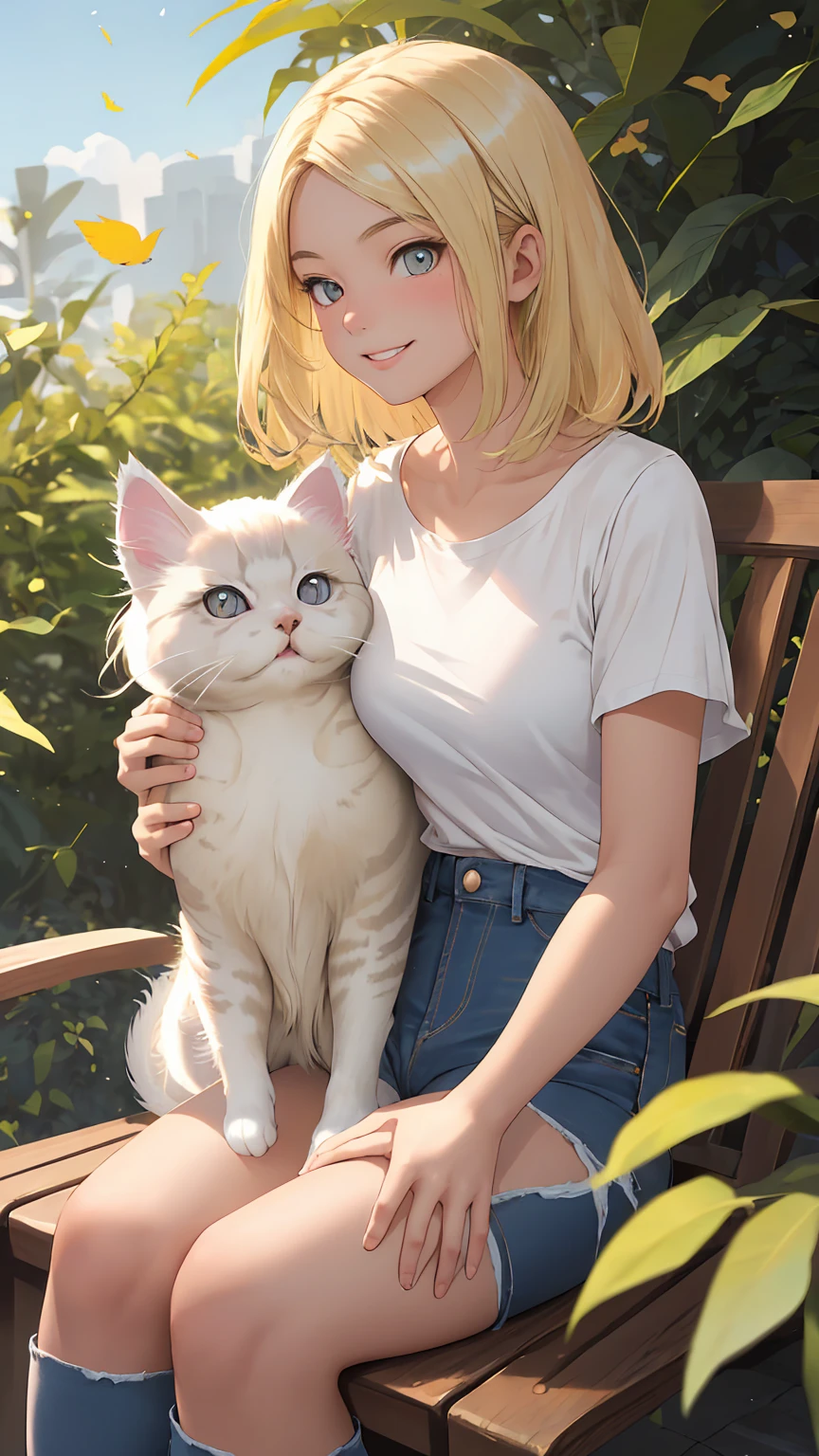 great joy (((blonde teenage girl))) With blue sparkling eyes, I wore shorts, No sleeve ((White top)) Blue and, Aged jeans, She looked at me lovingly with a warm smile (((Persian cat))) sat comfortably on her lap, Ultra-realistic, Birds with leaves falling in the sky, HD Ultra Gloss, 8k