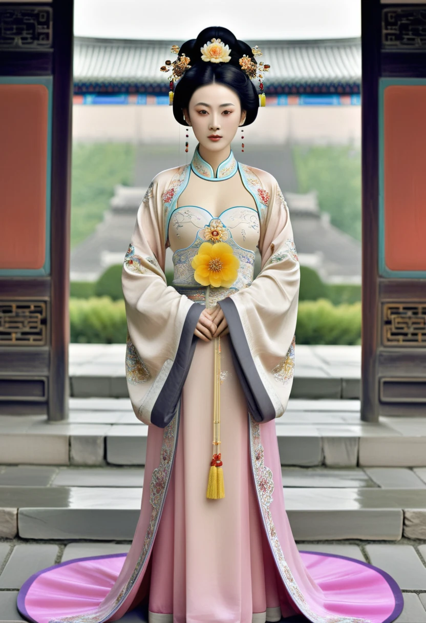 A naked picture of the empress of the Qing dynasty in China, standing in front of the camera, showing her large breasts, hairy abdomen, and pubic hair.、
Her hair is tied up and pulled up with a gorgeous flower ornament on both sides.、Chinese style Qing Dynasty empress crown background on stone pavement outside the Chinese palace of the Qing Dynasty
