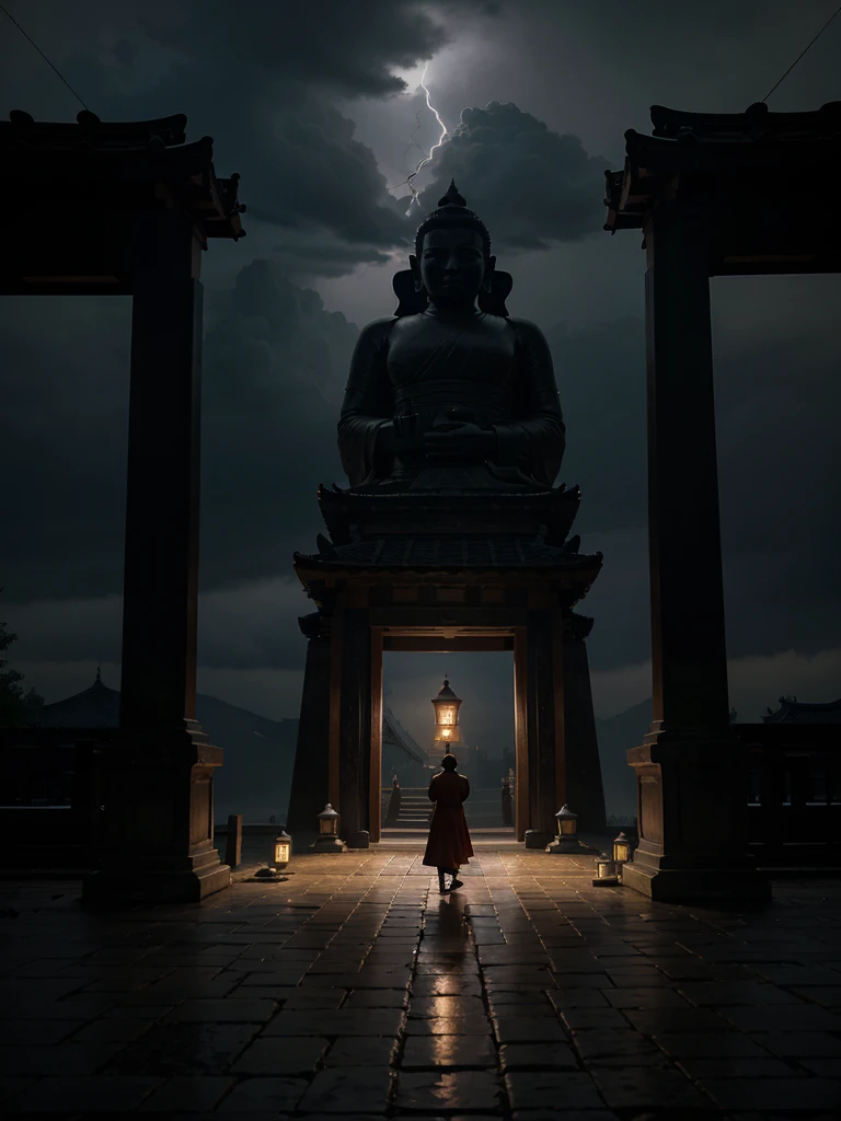 Realistic image, on a dark moonless night in a mysterious pagoda temple, two giant statues stand together in front of the temple gate. A novice monk walks into the temple holding a lantern. The light of the lantern shines from the side. Amidst the heavy rain and lightning, the shadows cast by the light falling on the atmosphere look mysterious and desolate. The effect is exaggerated. 4K high definition.