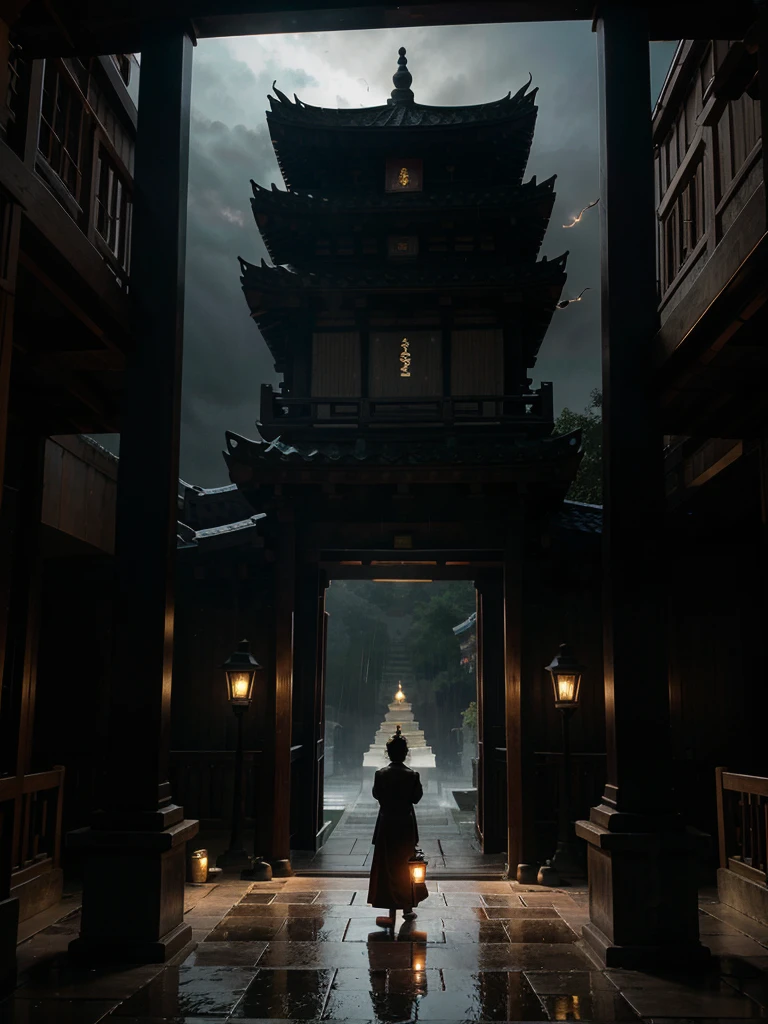 Realistic image, on a dark moonless night in a mysterious pagoda temple, two giant statues stand together in front of the temple gate. A novice monk walks into the temple holding a lantern. The light of the lantern shines from the side. Amidst the heavy rain and lightning, the shadows cast by the light falling on the atmosphere look mysterious and desolate. The effect is exaggerated. 4K high definition.