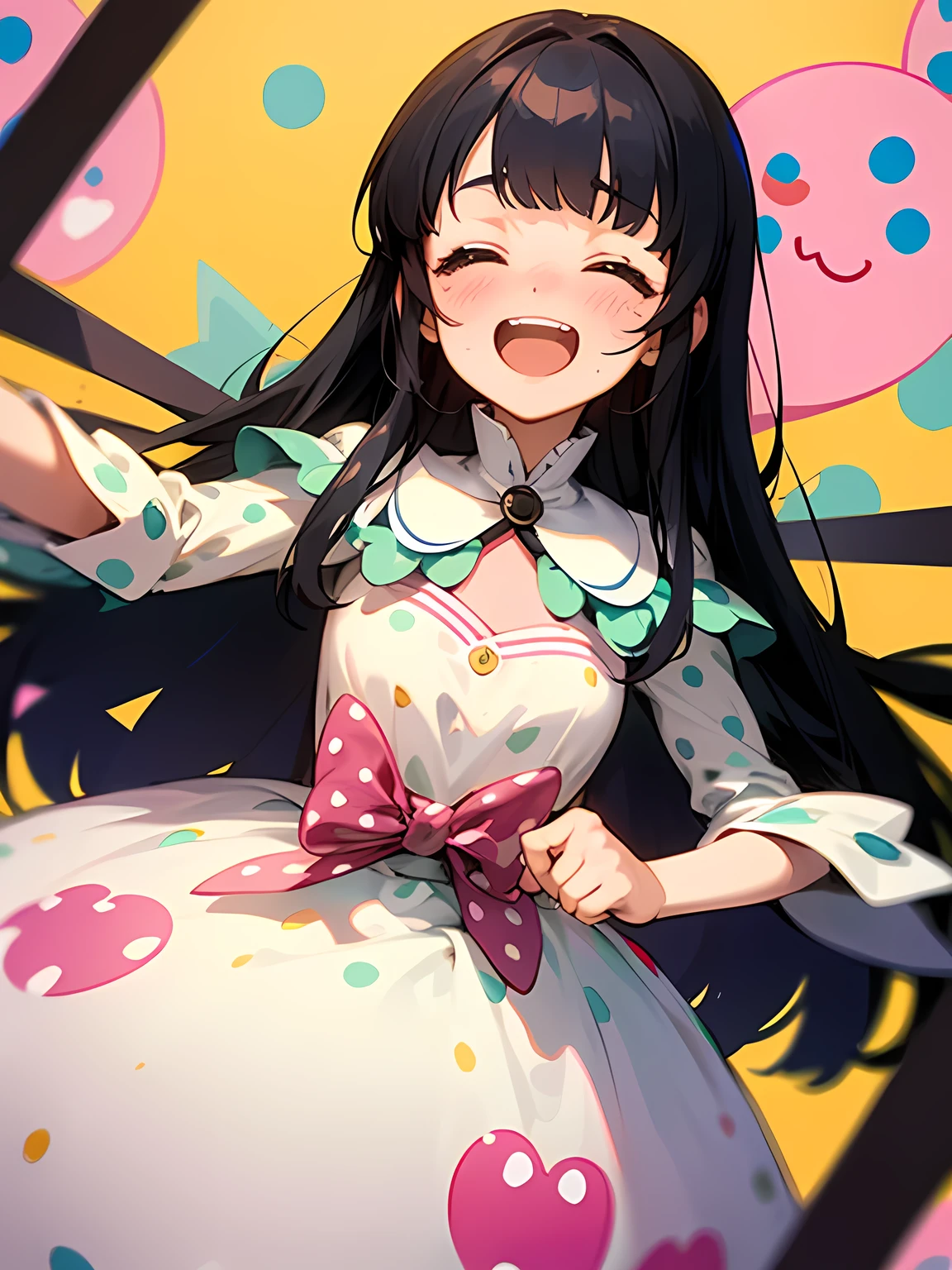 dutch angle,(black Alice in Wonderland),((straight pure black thin long hair:1.2)),(very short black hair sideburns),(blunt bangs),Enchanting chest、(A vibrant and lively background:1.2),(Pop and cute polka dot pattern:1.45)),((You are the main character!:1.2)),(Beautiful images:1.15),(high quality:1.15),((Perfect graphics:1.15)),Big smile,(blush、Embarrassed laugh:1.25),(white、pink、cream、black、yellow,mint)