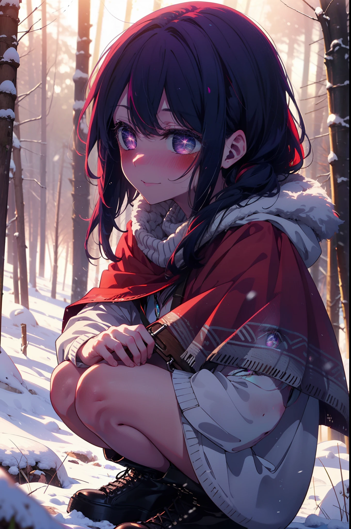 aihoshino, Ai Hoshino, Long Hair, bangs, (Purple eyes:1.1), Purple Hair, (Symbol-shaped pupil:1.5), smile,,smile,blush,white breath,
Open your mouth,snow,Ground bonfire, Outdoor, boots, snowing, From the side, wood, suitcase, Cape, Blurred, , forest, White handbag, nature, Squat, Mouth closed, Cape, winter, Written boundary depth, Black shoes, red Cape break looking at viewer, Upper Body, whole body, break Outdoor, forest, nature, break (masterpiece:1.2), Highest quality, High resolution, unity 8k wallpaper, (shape:0.8), (Beautiful and beautiful eyes:1.6), Highly detailed face, Perfect lighting, Extremely detailed CG, (Perfect hands, Perfect Anatomy),
