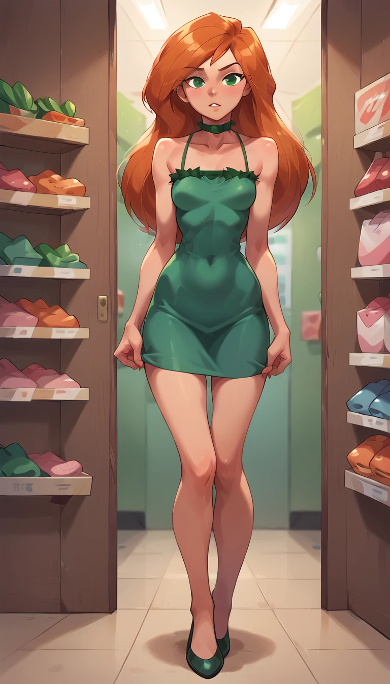 score_9, score_8_up, score_8_up, BREAK 1girl, solo, Kim Possible, (orange-red hair:1.3), looking at viewer, parted lips, wearing (green ruffle mini dress and choker:1.1), beautiful woman, (store fitting room:1.2), cute poses, naughty expression, (full body shot:1.0).