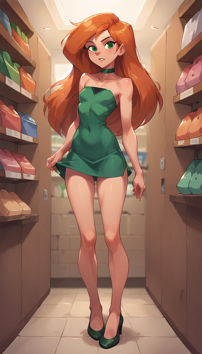 score_9, score_8_up, score_8_up, BREAK 1girl, solo, Kim Possible, (orange-red hair:1.3), looking at viewer, parted lips, wearing (green ruffle mini dress and choker:1.1), beautiful woman, (store fitting room:1.2), cute poses, naughty expression, (full body shot:1.0).