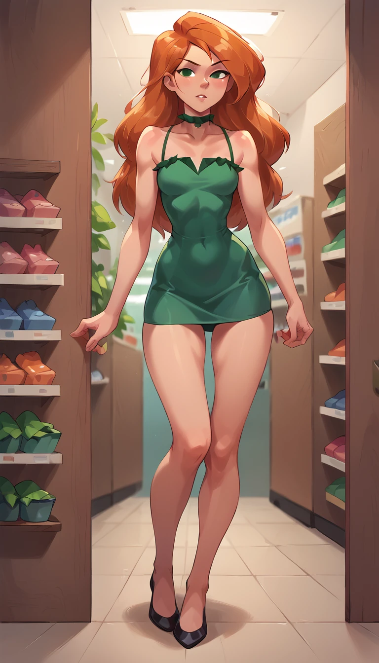 score_9, score_8_up, score_8_up, BREAK 1girl, solo, Kim Possible, (orange-red hair:1.3), looking at viewer, parted lips, wearing (green ruffle mini dress and choker:1.1), beautiful woman, (store fitting room:1.2), cute poses, naughty expression, (full body shot:1.0).